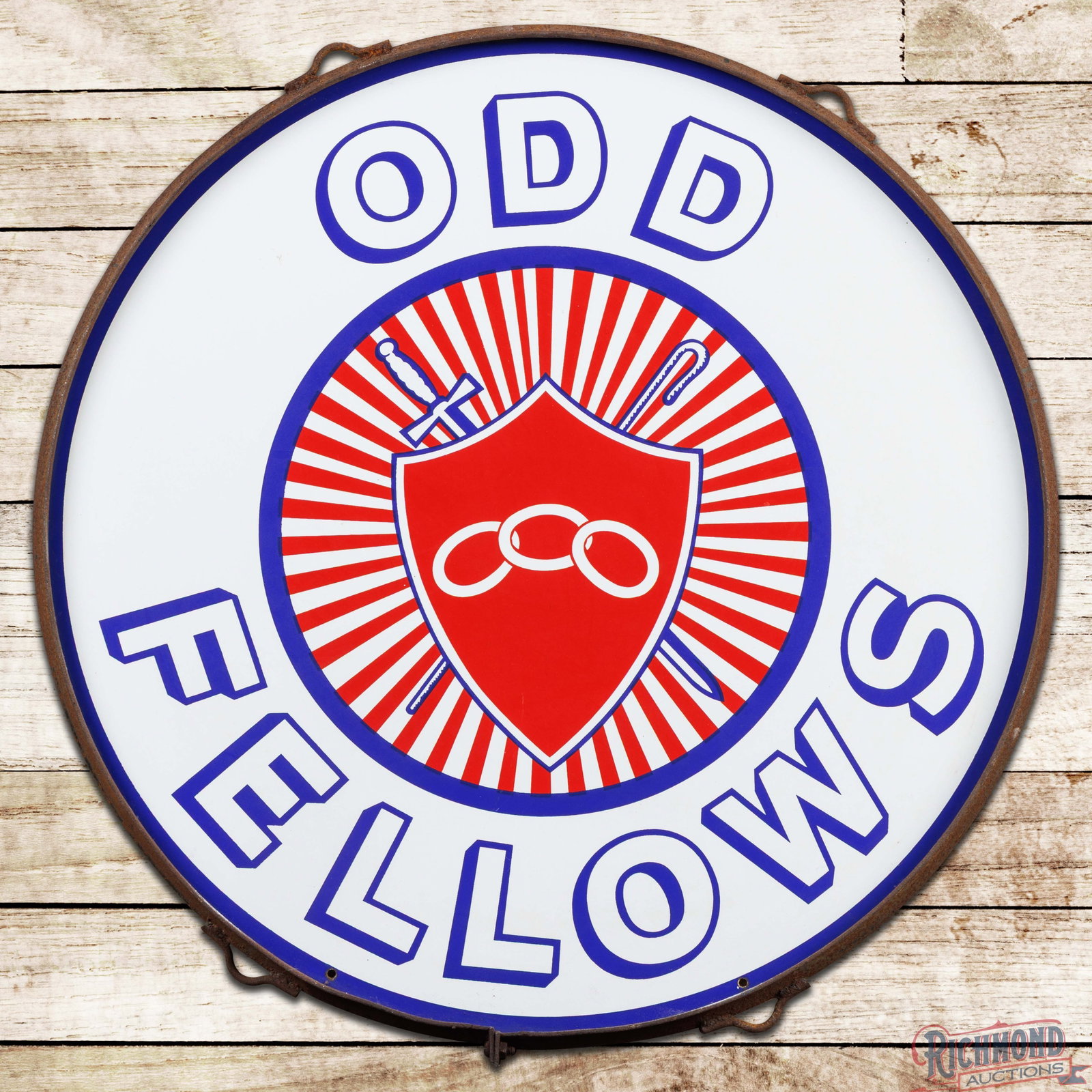 Odd Fellows 30" Double Sided Porcelain Logo Sign w/ Ring: DSP (double sided porcelain) sign mounted in a metal ring has excellent color and gloss. Side #1 has a clean field with a few minor surface imperfections. The perimeter is very similar with minor edge