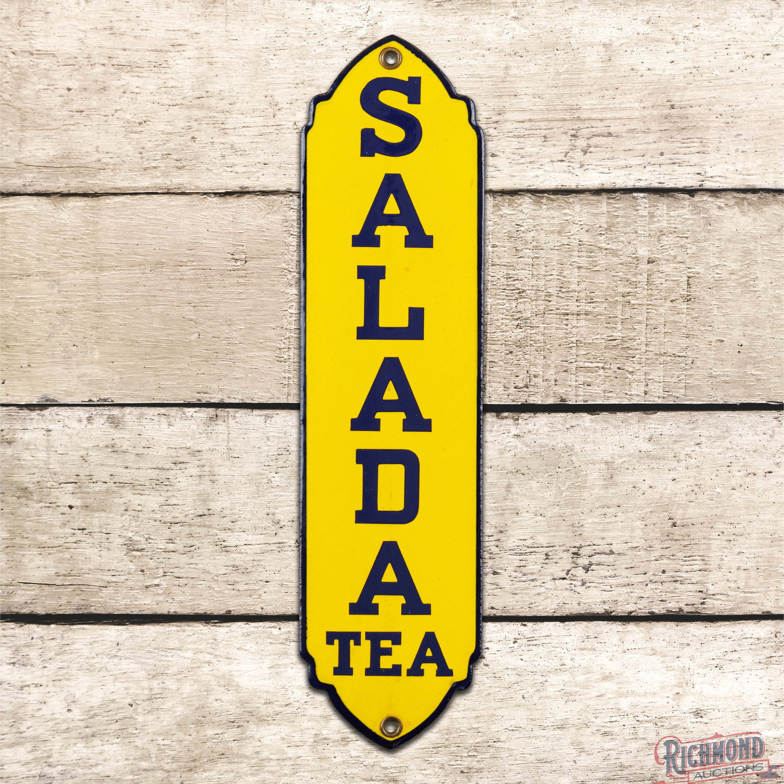 Salada Tea Die Cut Single Sided Porcelain Door Push Sign: SSP (single sided porcelain) die cut sign has day one color and gloss. The field and perimeter are both in exceptional condition and both factory grommets are present. Overall a wonderful example with