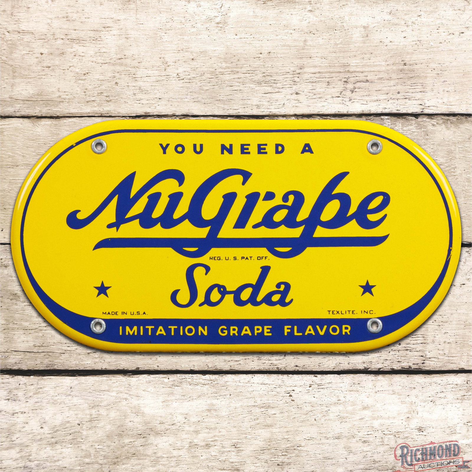 You Need a Nugrape Soda "Imitation Grape Flavor" Single Sided Porcelain Cooler Sign: SSP (single sided porcelain) rolled edge sign has day one color and gloss. The fields are clean. The perimeter has a tiny chip on the lower right edge with flea bites along the left hand edges. All fo