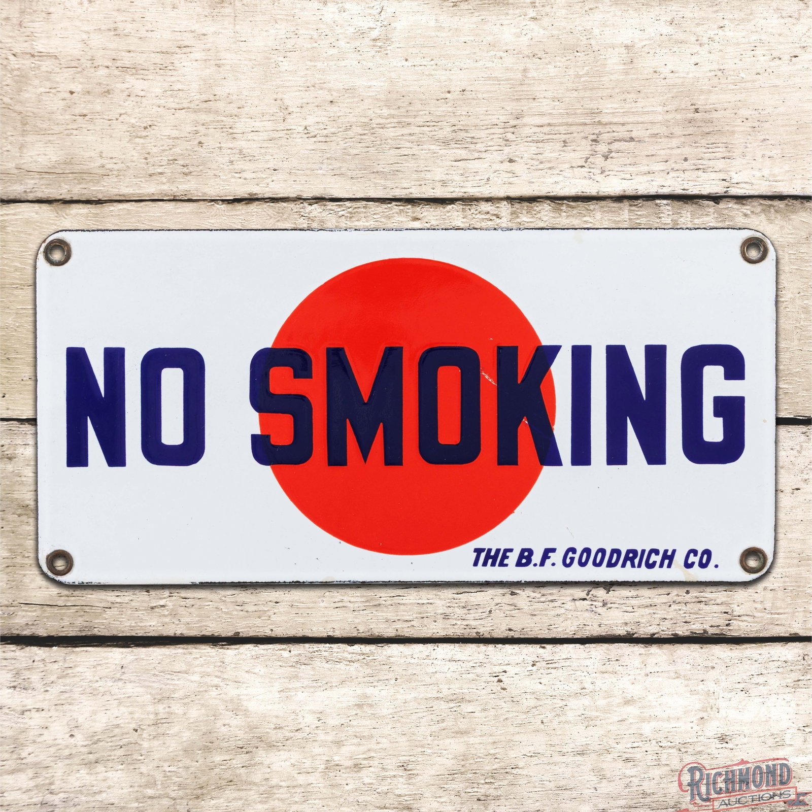 Rare B.F. Goodrich No Smoking Single Sided Porcelain Sign: SSP (single sided porcelain) sign has excellent color and gloss. The field has a white factory blemish line in the right field with minor surface imperfections in the outer fields. The perimeter has a