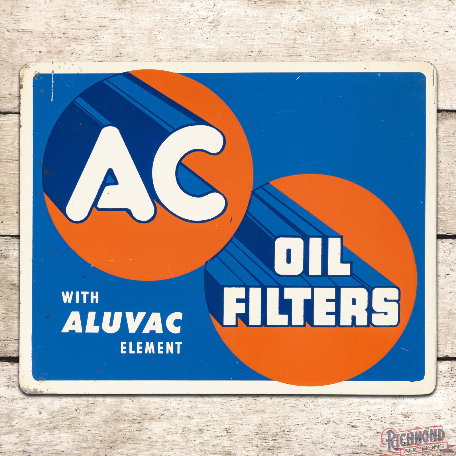 1950 AC Oil Filters with Aluvac Element Double Sided Tin Flange Sign: DST (double sided tin) flange has excellent color and shine. Side #1 has small imperfections in the fields. The perimeter has a scratch on the upper edge with other small paint chips and light wear al
