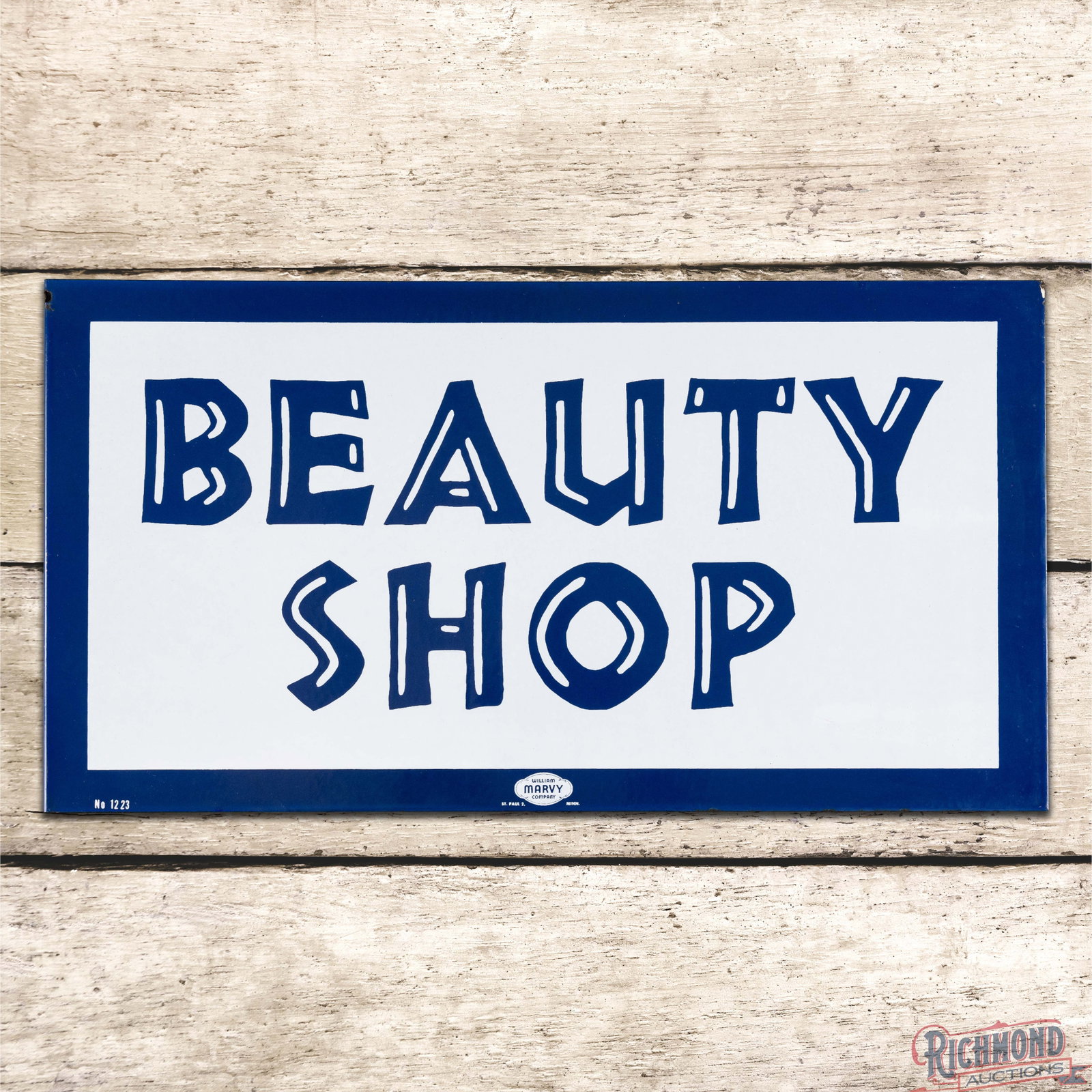 NOS Marvy Beauty Shop Double Sided Porcelain Flange Sign: NOS (new old stock) DSP (double sided porcelain) flange has excellent color and gloss. Side #1 has a clean field with areas of minor cloudiness along the perimeter and a few tiny edge chips. The rever
