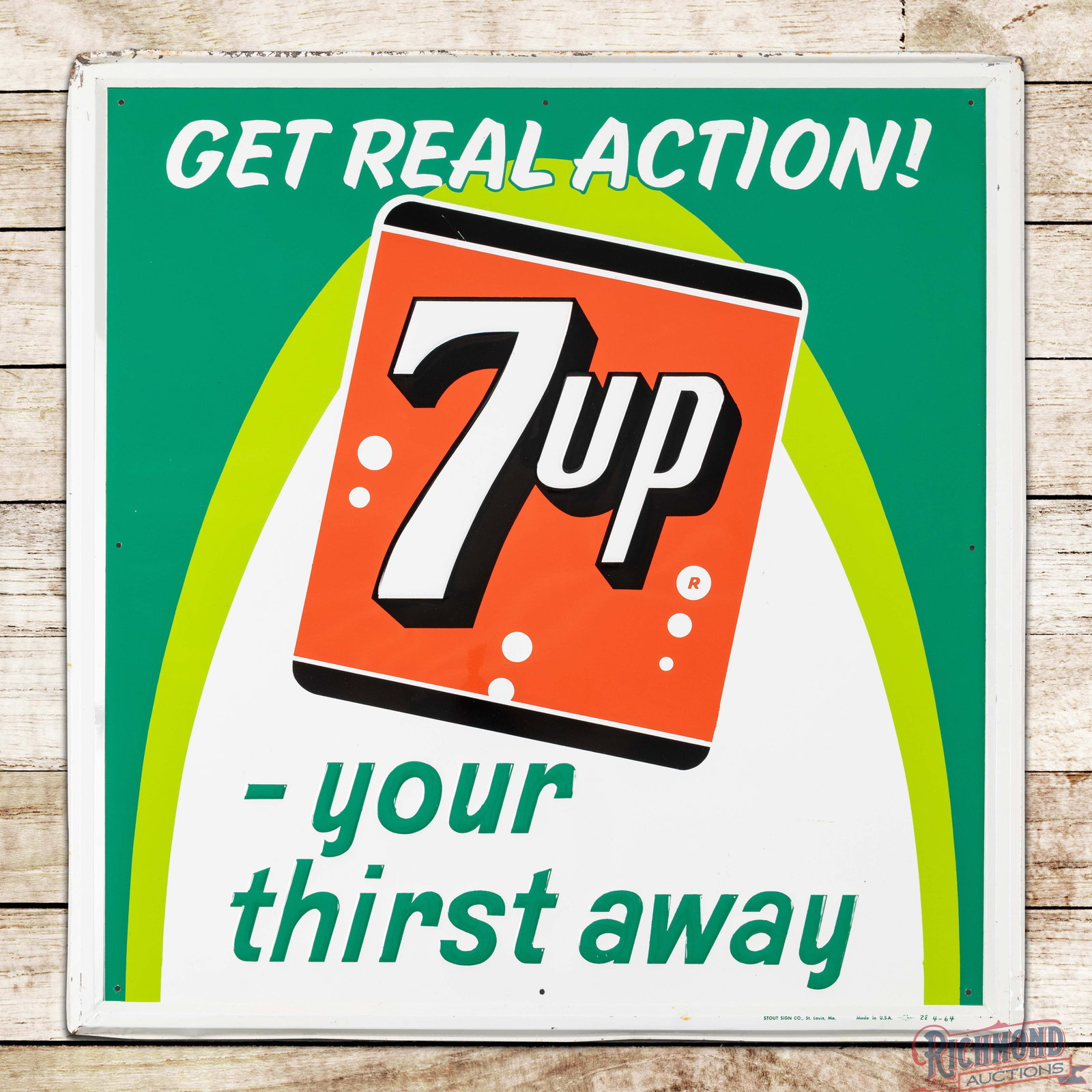 1964 Get Real Action! 7up Your Thirst Away Emb. Single Sided Tin Sign w/ Logo (1 of 3)