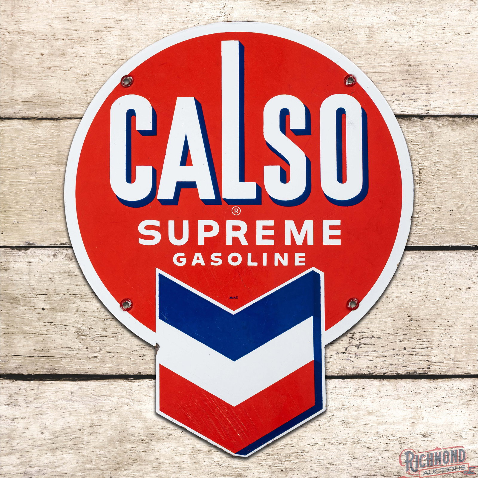 Calso Supreme Gasoline Single Sided Porcelain Pump Plate Sign w/ Chevron: SSP (single sided porcelain) die cut pump plate sign has excellent color and gloss. The lower fields have fine scratches with surface wear. The perimeter has a few small chips along the outer edges. A
