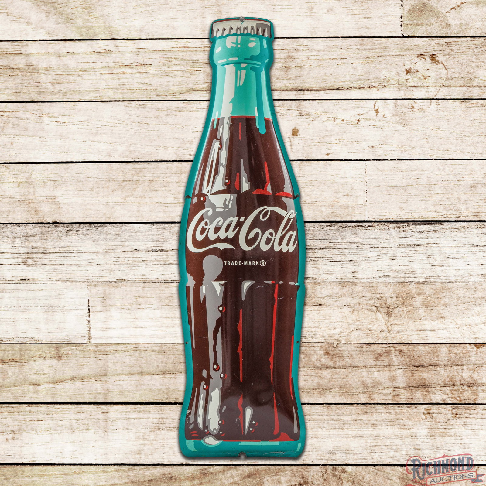 Coca Cola 36" Die Cut Convex Drink Bottle Sign: SST (single sided tin) convex bottle sign has excellent color and shine. The field has small scuffs and fine scratches. The perimeter has light wear at the mounting holes with paint chips and horizont