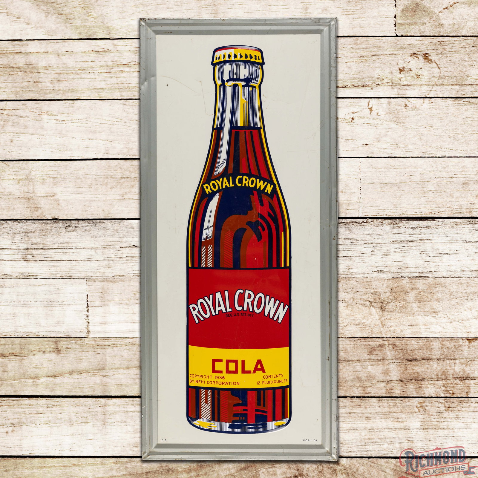 1950 RC Royal Crown Cola 36" Emb. Single Sided Tin Sign w/ Bottle: SST (single sided tin) embossed self-framed sign with the factory wooden support frame has very good color and shine. The field has light wear with fine scratches, small dings, and indentations in the