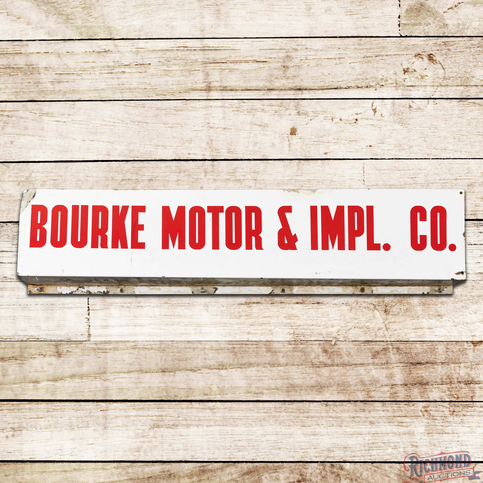 IH International Harvester Bourke Motor & Implement Co. Double Sided Porcelain Sign Lewiston Montana: DSP (double sided porcelain) sign with lower flanged edge has good color and gloss. Side #1 has light wear in the fields. The perimeter has errant paint with chips and a small bend on the upper edge a