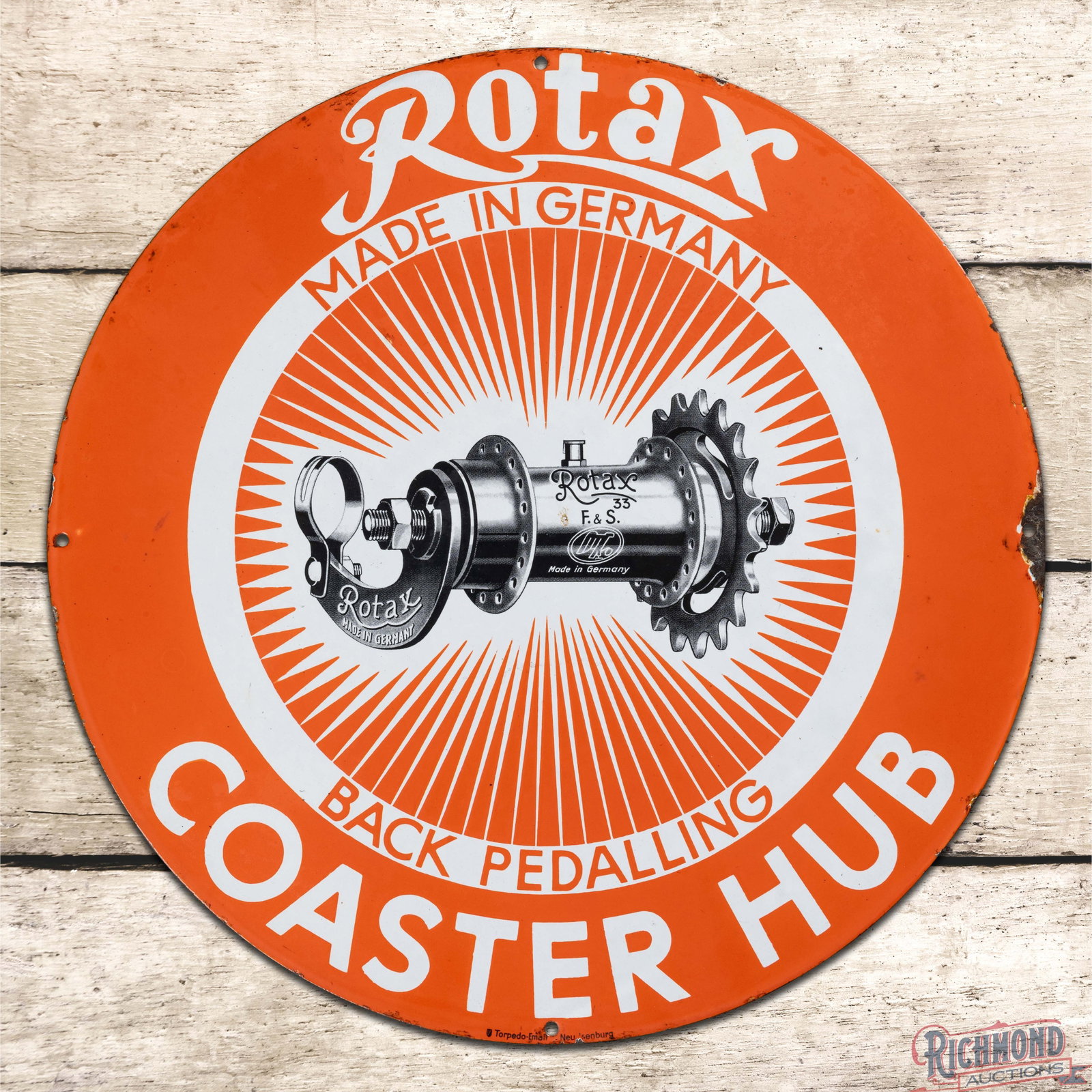 Rotax Coaster Hub Bicycle Brakes 19.5" Single Sided Porcelain Sign: SSP (single sided porcelain) sign has very good color and gloss. The field is very clean overall with a few small factory imperfections and tiny crazed spot in the center field below the "R" in Rotax.
