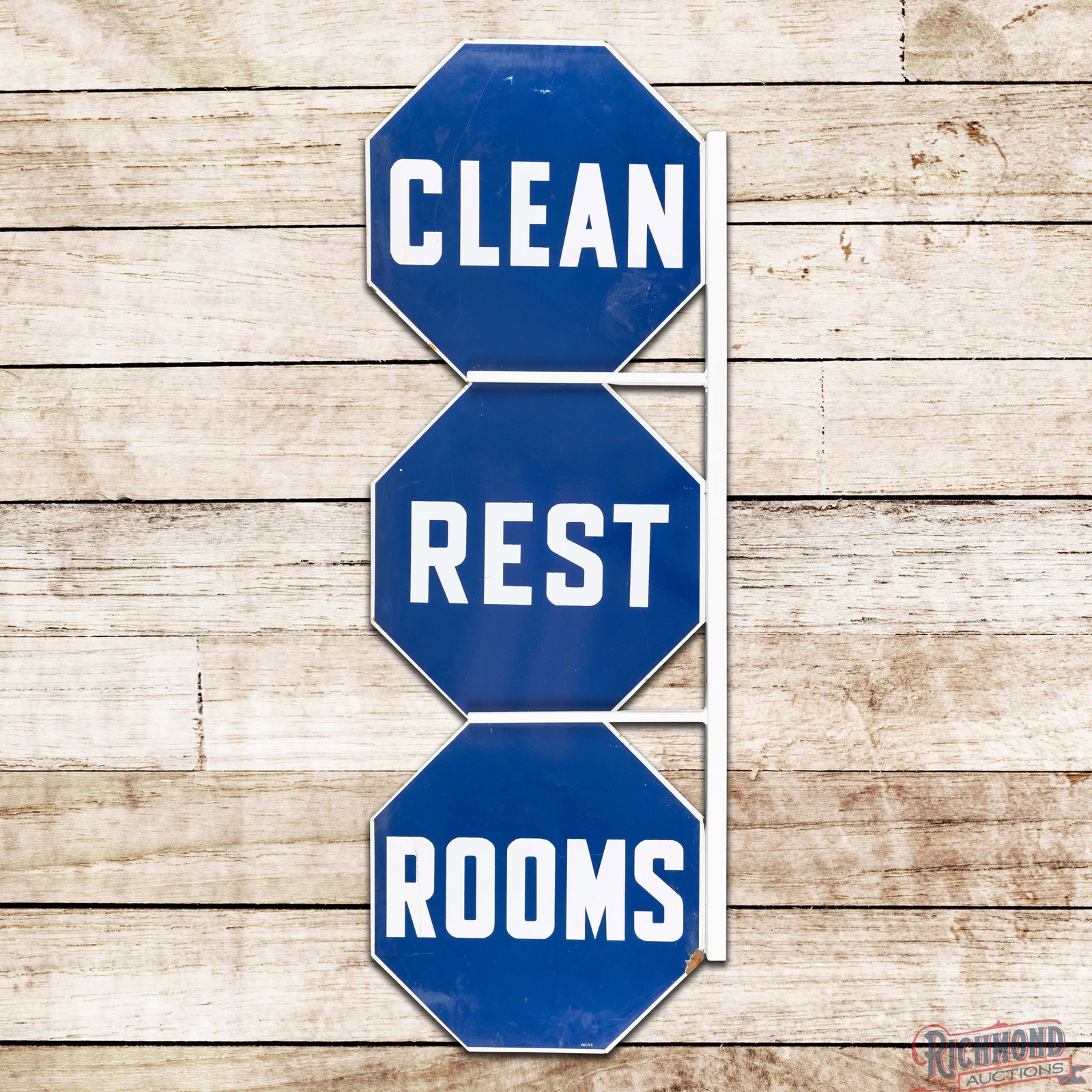 Clean Rest Rooms Double Sided Porcelain Sign w/ Factory Flange Bracket: DSP (double sided porcelain) multi-piece sign with the factory flange mount bracket has very good color and gloss. Side #1 has light surface wear with fine scratches and areas of cloudiness in the out
