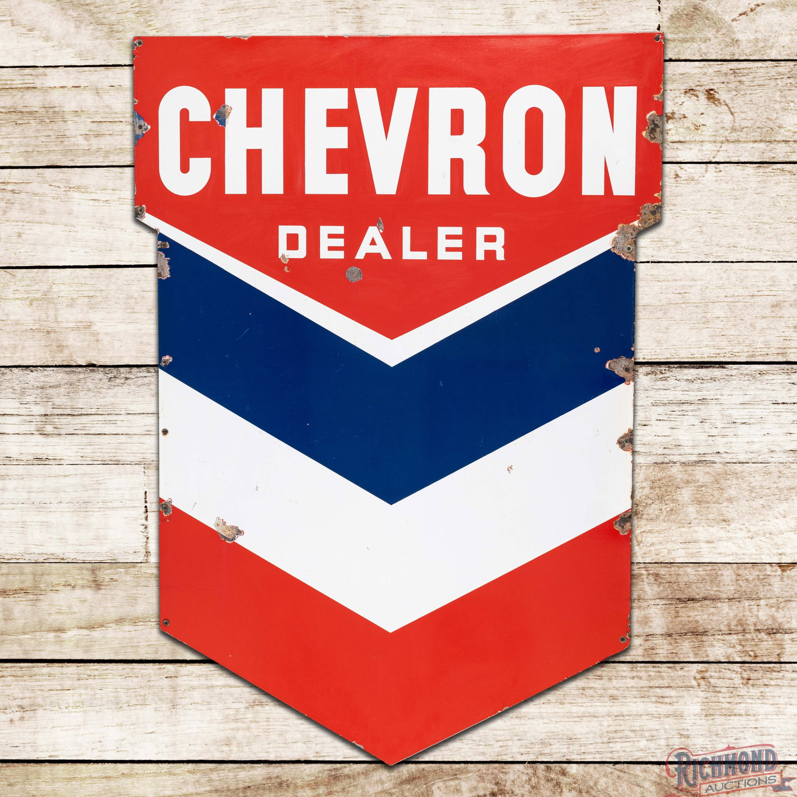 Chevron Gasoline Dealer 4.5' Die Cut Single Sided Porcelain Sign w/ Hallmark: SSP (single sided porcelain) die cut sign has very good color and gloss. The field has chips with marks and numerous fine scratches to the red porcelain enamel in the upper fields. The perimeter has a