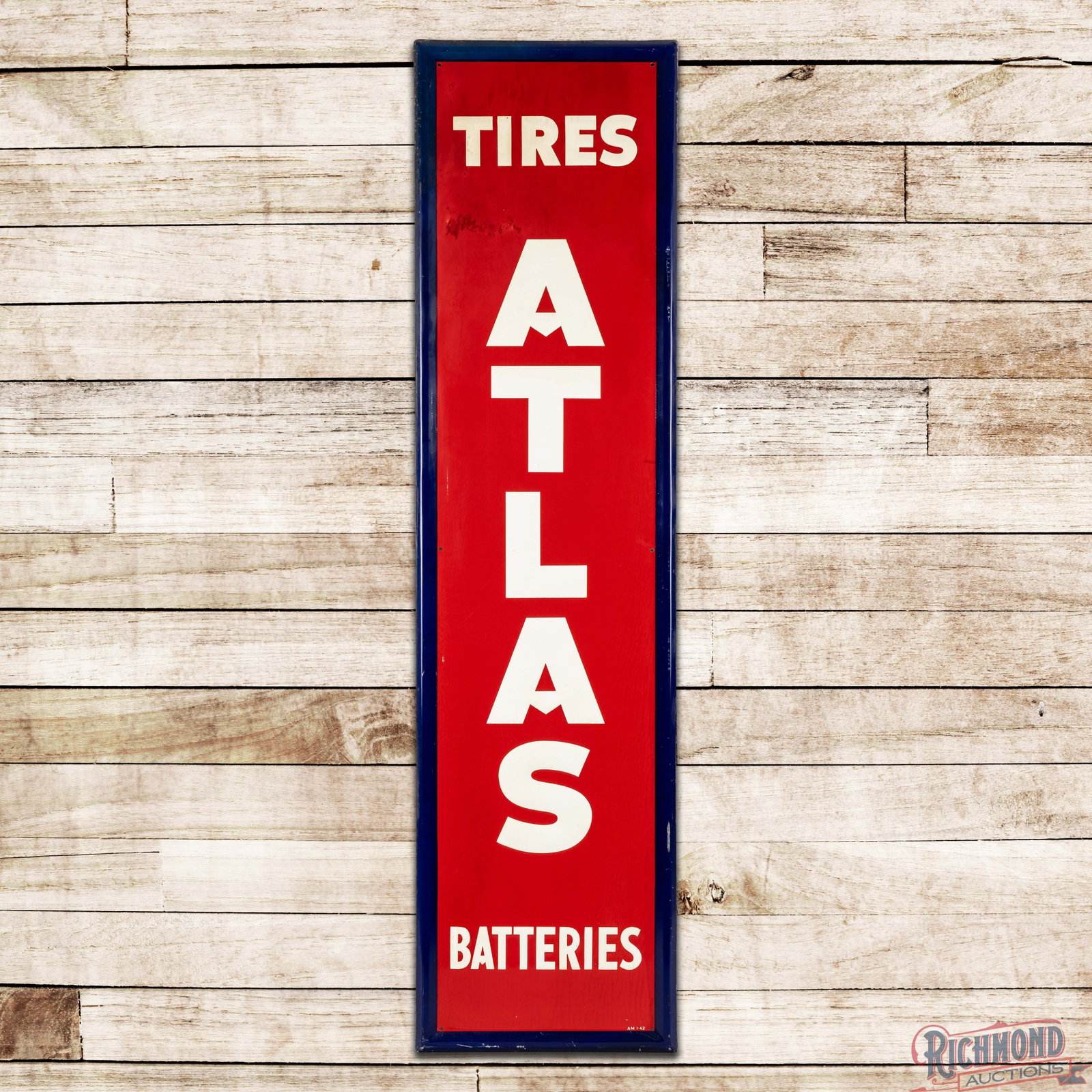 1942 Atlas Tires Batteries Emb. Single Sided Tin Sign: SST (single sided tin) embossed self-framed sign has very good color and shine. The field has faint paper marks with areas of discoloration and small paint chips in the outer fields. The perimeter has