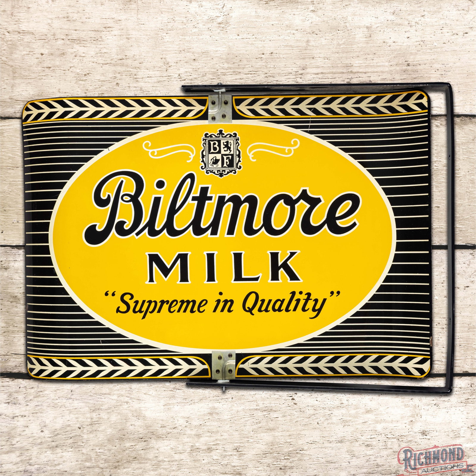 1962 Biltmore Dairy Milk "Supreme in Quality" Double Sided Tin Spinner Sign w/ Logo: DST (double sided tin) spinner sign with metal flange mount bracket has very good color and shine. Side #1 has areas of slight cloudiness in the outer portions of the logo and fine scratches in the ou