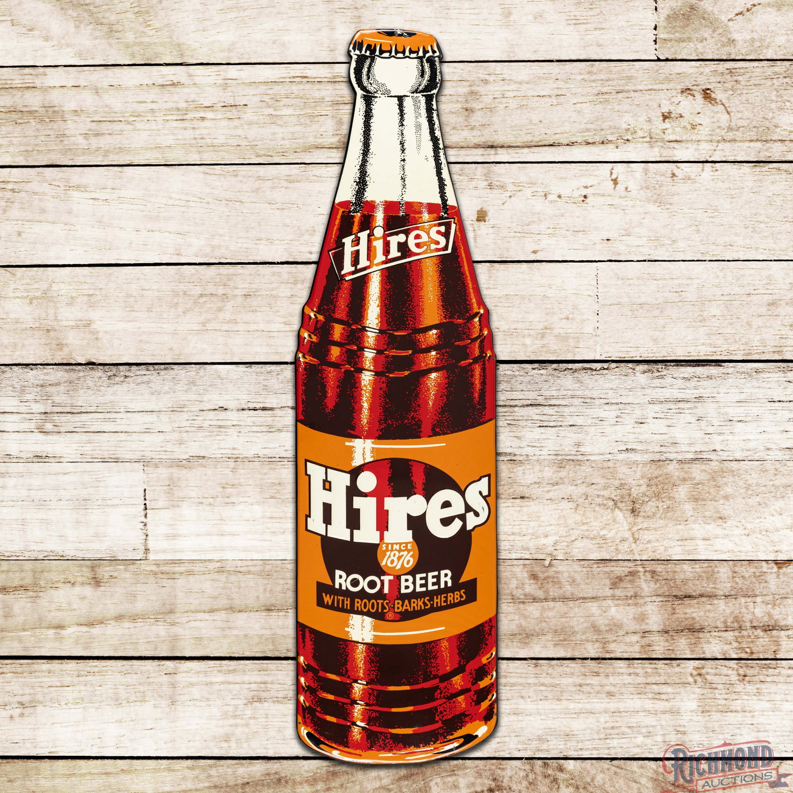 Hires Root Beer "Since 1876" 5' Die Cut Single Sided Tin Bottle Sign: SST (single sided tin) embossed die cut bottle sign has excellent color and shine. The field exhibits light wear with small areas of discoloration, tiny paint chips and a rub on the "S" in Hires. The 