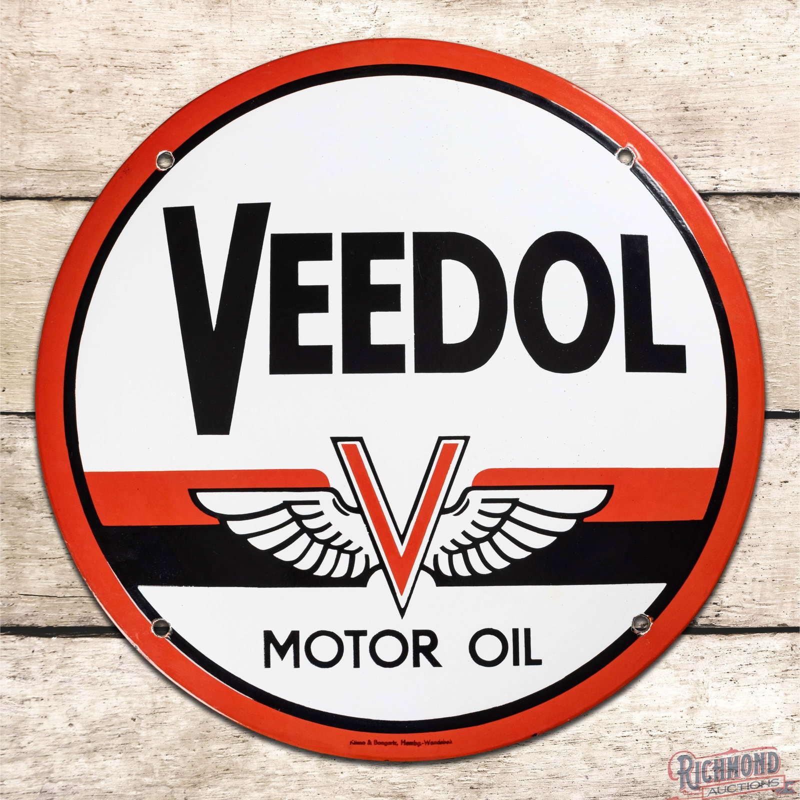 Veedol Motor Oil 19.5" Single Sided Porcelain Sign w/ Winged Logo: SSP (single sided porcelain) convex sign has excellent color and gloss. The fields are clean. The perimeter has small chips at the mounting holes with minor flea bites along the outer edges. Marked Kl