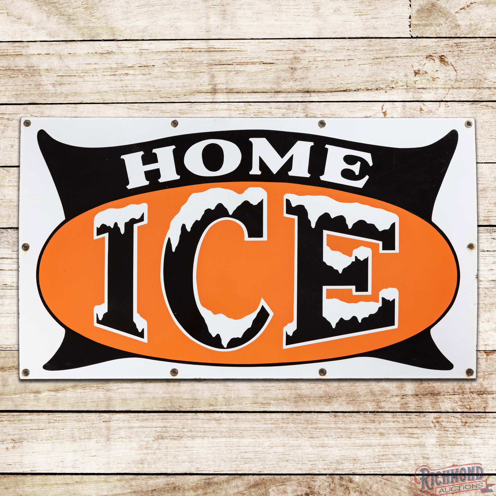 Home Ice 26" Single Sided Porcelain Logo Sign: SSP (single sided porcelain) sign has excellent color and gloss. The fields are clean with minor surface imperfections. The perimeter has minor discoloration at the mounting holes and small chips alon