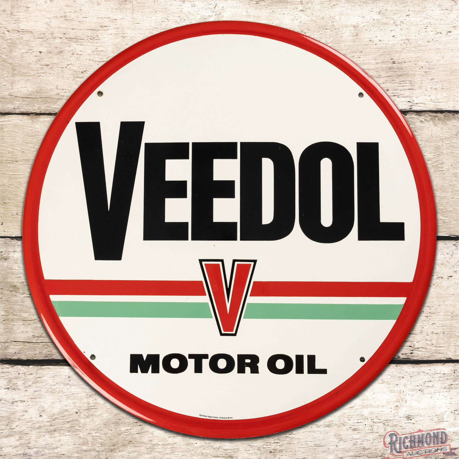 Veedol Motor Oil 23.5" Single Sided Porcelain Sign w/ Logo: SSP (single sided porcelain) self-framed sign has outstanding color and gloss. The field and perimeter are clean with a few tiny factory imperfections. Marked Pyro-Email Boos & Hahn, Ortenberg-Baden. 