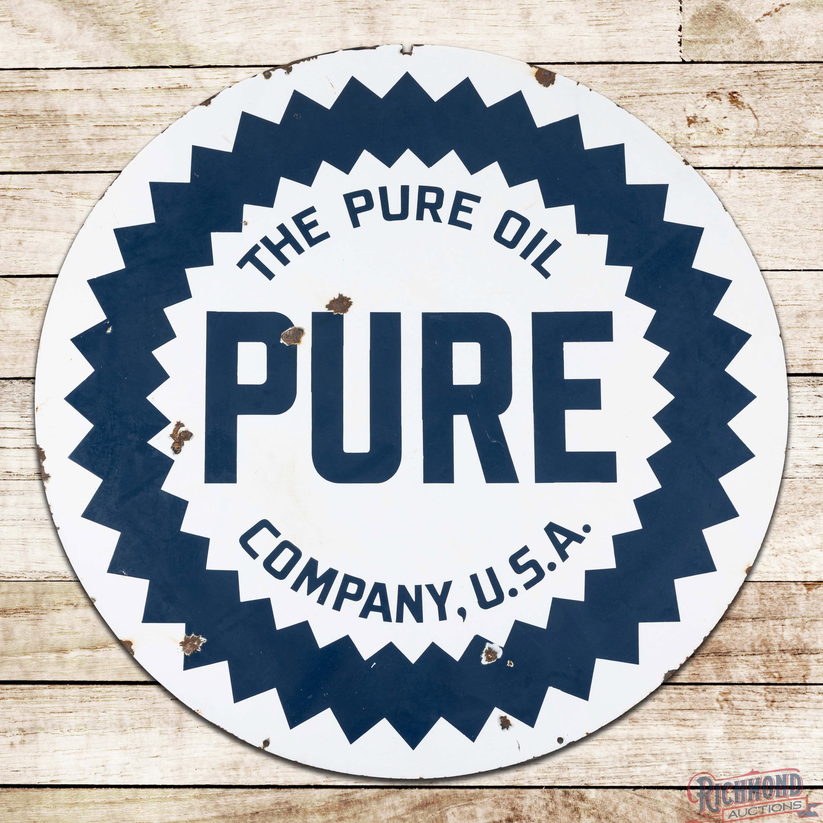 The Pure Oil Company USA 42" Double Sided Porcelain Logo Sign: DSP (double sided porcelain) sign has good color and gloss. Side #1 has chips with areas of surface wear and slight cloudiness to the blue porcelain enamel. The perimeter has additional chips with cra
