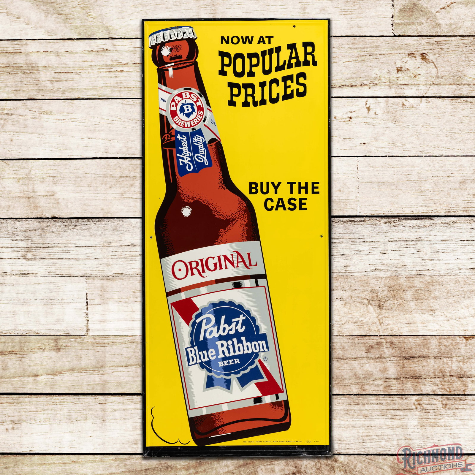 Pabst Blue Ribbon Beer "Now at Popular Prices" 5' Single Sided Tin Sign w/ Bottle (1 of 3)