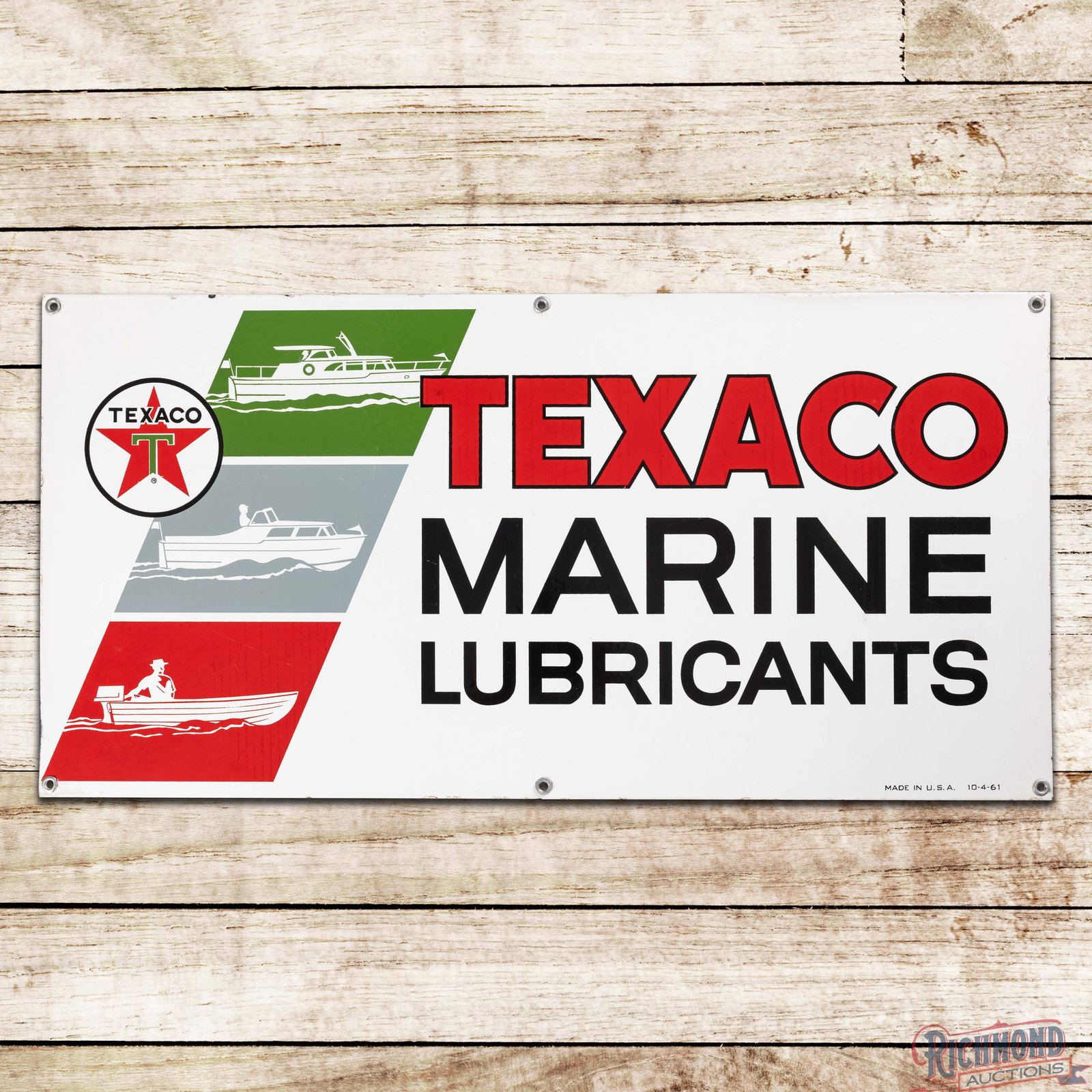 1961 Texaco Marine Lubricants Single Sided Porcelain Sign w/ Boats: SSP (single sided porcelain) sign has excellent color and gloss. The display is very clean overall with fine scratches and faint paper marks which are primarily visible in the red porcelain enamel. Th
