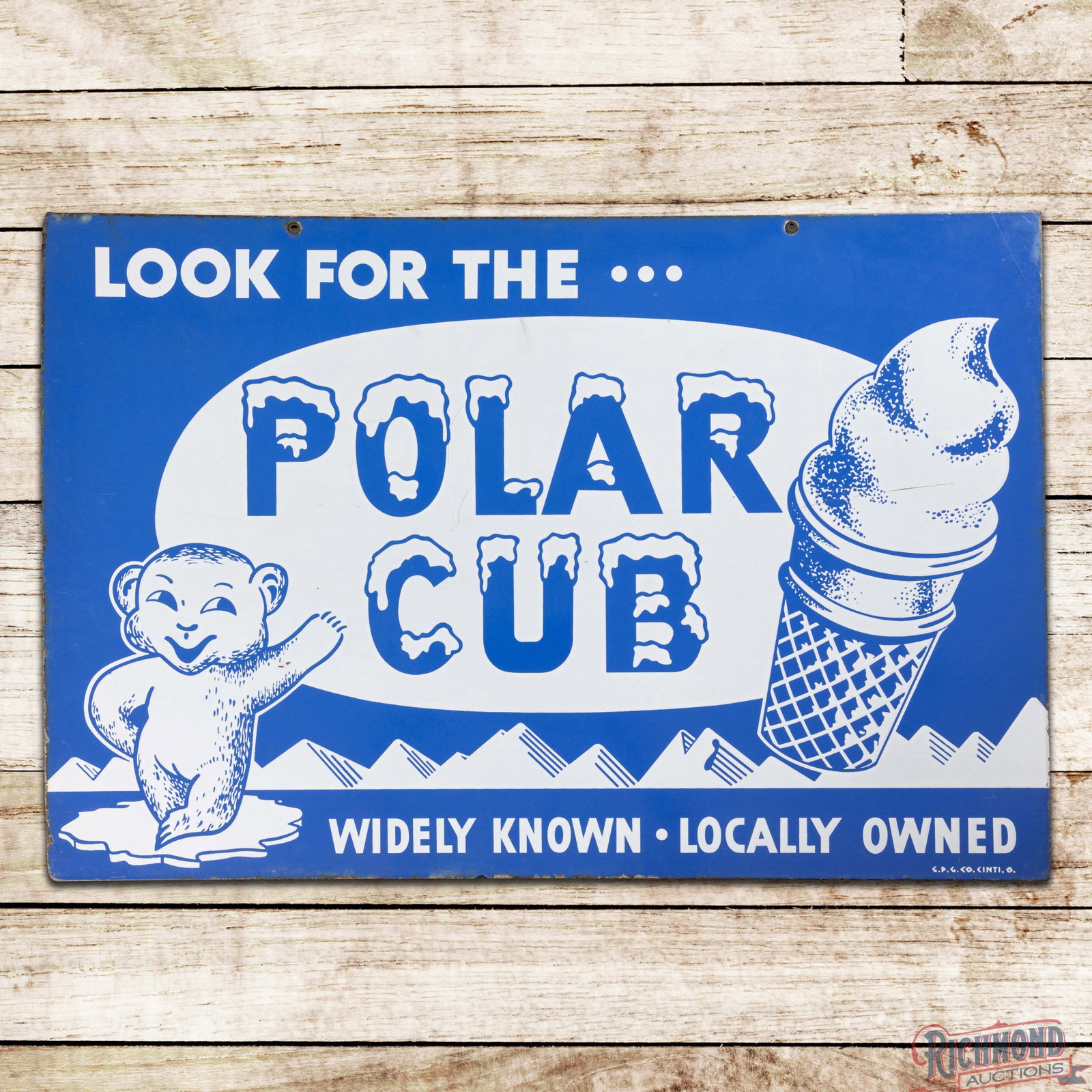 Look for The Polar Cub 36" Double Sided Porcelain Sign w/ Bear & Ice Cream Cone: DSP (double sided porcelain) sign has good color. The display has good gloss with light wear in the field. The outer fields have small areas of discoloration with a scratch in the ice cream cone and t