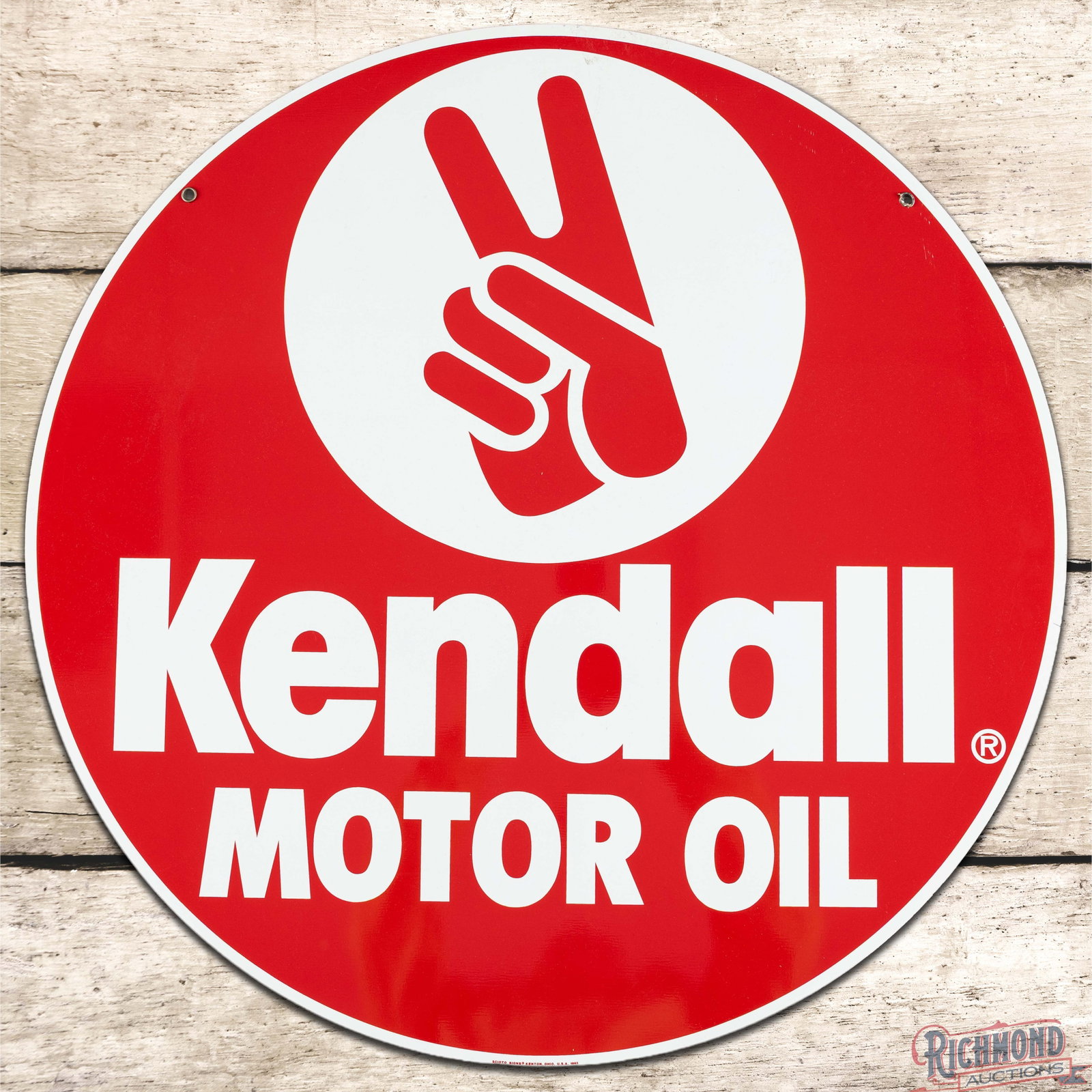 Kendall Motor Oil 23" Double Sided Tin Sign w/ Logo: DST (double sided tin) sign has outstanding color and shine. The display is very clean overall with minor surface imperfections in the outer fields. The reverse is in a similar condition with a tiny s