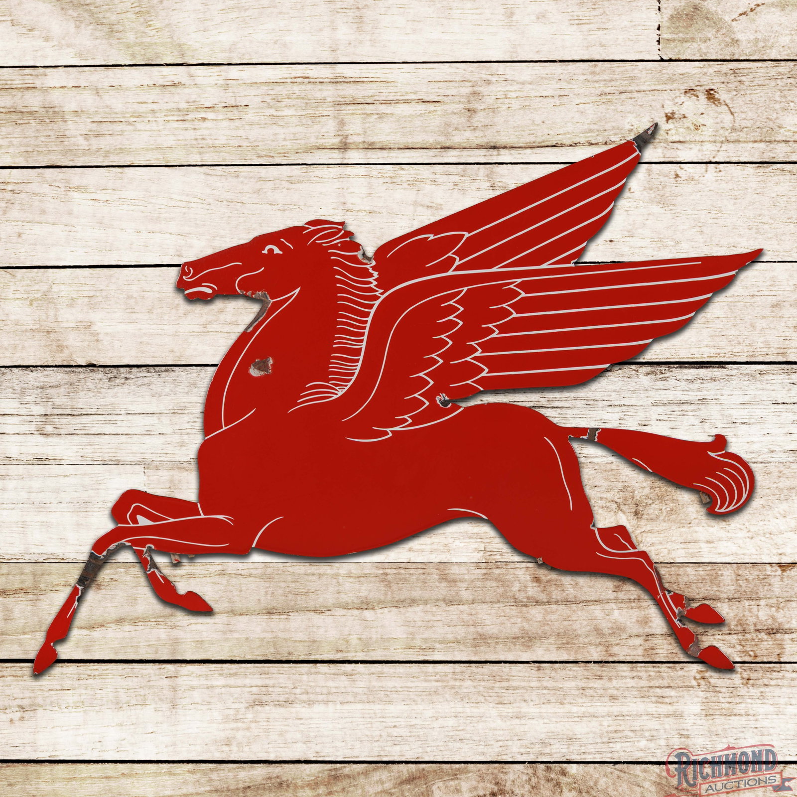 Mobil Pegasus Flat 4.5' Die Cut Single Sided Porcelain Sign: SSP (single sided porcelain) sign has excellent color and gloss. The display has light surface wear with a chip in the upper left field. The perimeter has edge chips with minor bends in the legs, tail