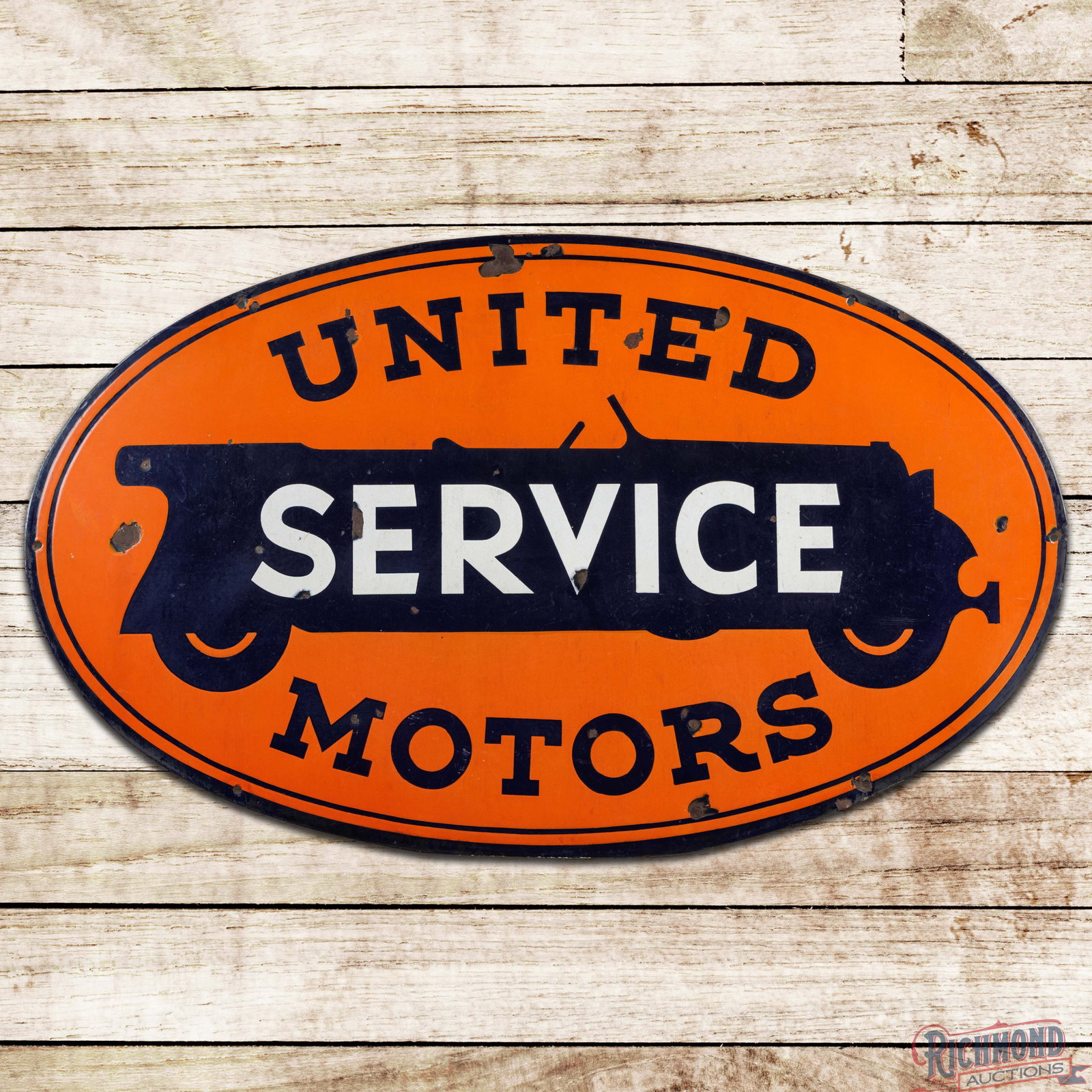 United Motors Service 4' Double Sided Porcelain Sign w/ Early Car Graphic (1 of 3)