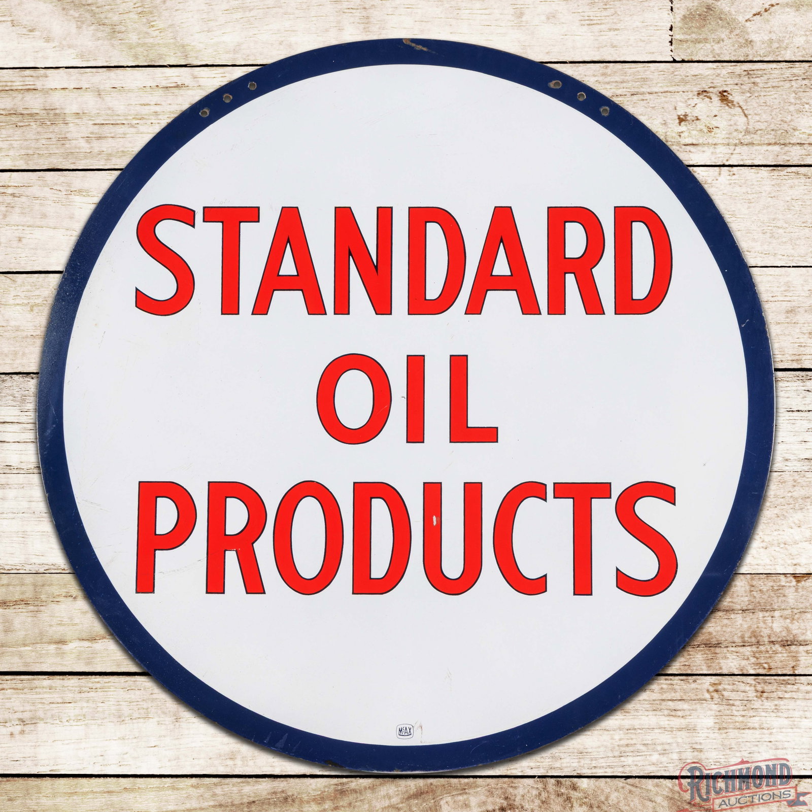 Standard Oil Products 33" Double Sided Porcelain Sign: DSP (double sided porcelain) sign has outstanding color and gloss. The display has a clean field with minor marks in the outer fields. The perimeter has a factory blemish on the edge at 3 o'clock with