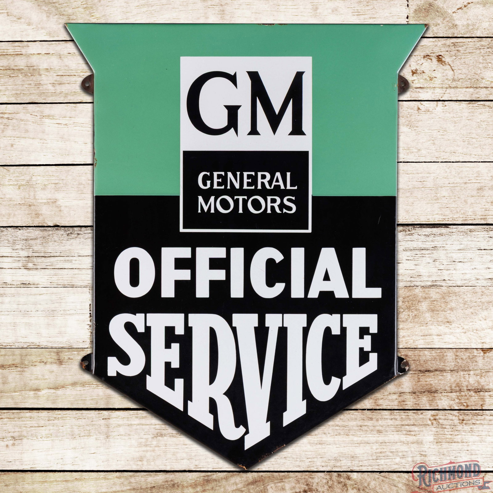 GM General Motors Official Service Die Cut Single Sided Porcelain Sign w/ Logo: SSP (single sided porcelain) die cut rolled-edge sign has excellent color and gloss. The field is exceptionally clean with a few tiny fine scratches. The perimeter has small chips and minor crazing at