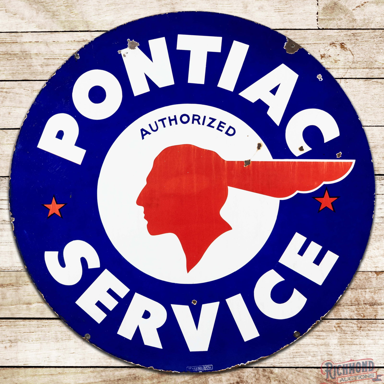 Pontiac Authorized Service 42" Double Sided Porcelain Sign w/ Full Feather Logo": DSP (double sided porcelain) sign has very good color and gloss. Side #1 has areas of discoloration in the red porcelain enamel with chips in the left field. The outer fields and perimeter have fine s