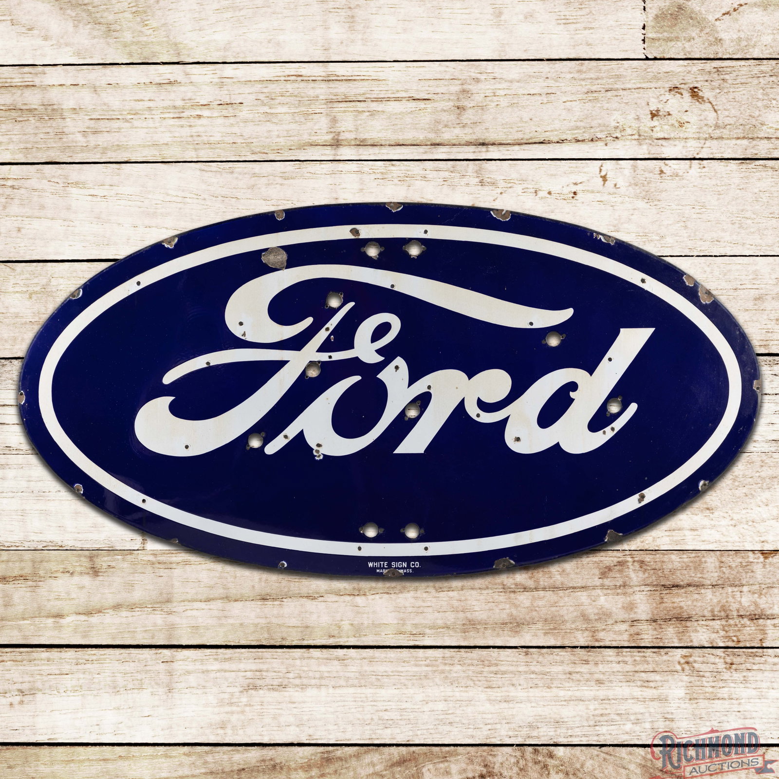 Ford Automobiles 72" Single Sided Porcelain Factory Neon Sign Skin: SSP (single sided porcelain) Factory neon skin has very good color and gloss. The field exhibits discoloration in the white porcelain enamel with small chips and a larger chip above the "F". The perim