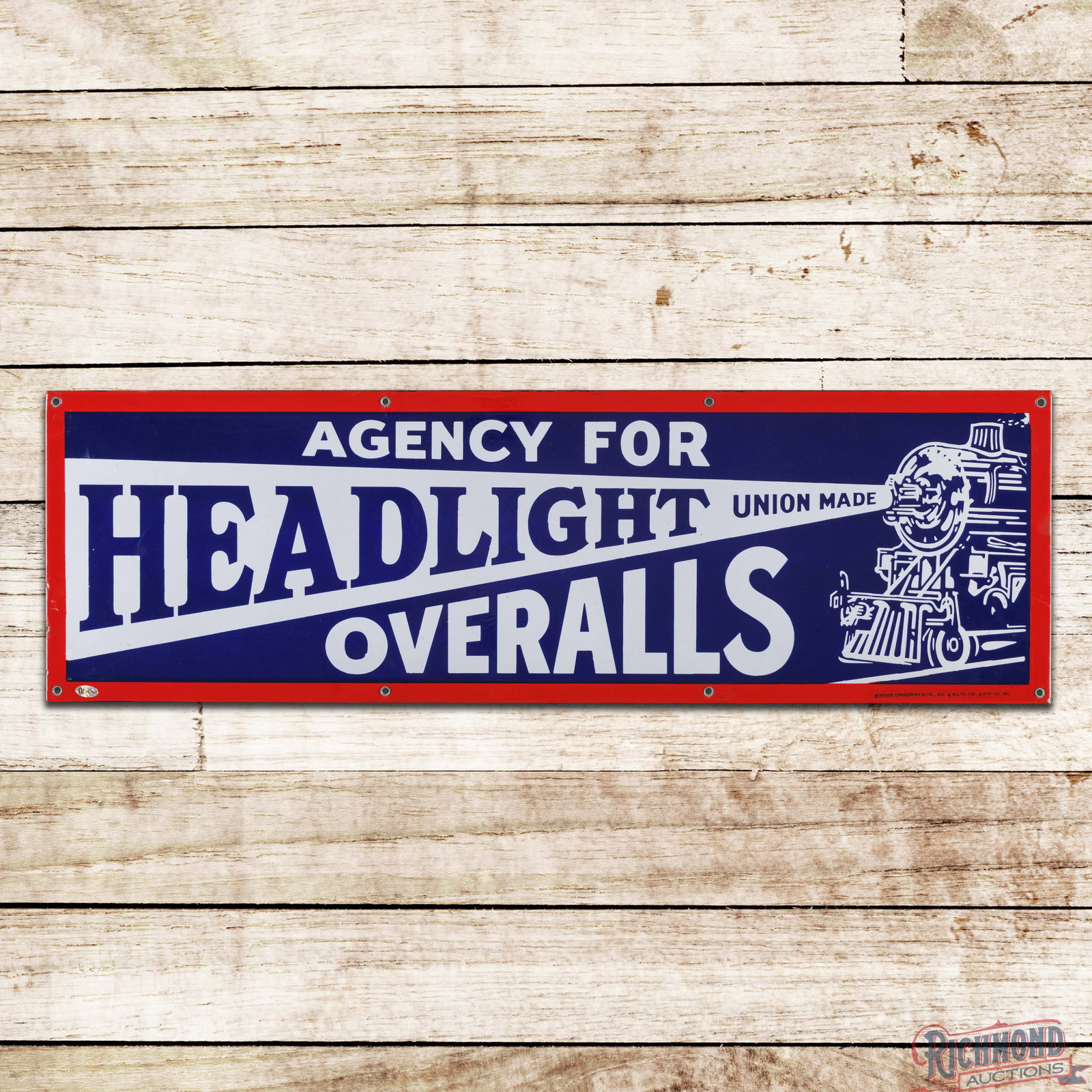 Agency for Headlight Union Made Overalls Single Sided Porcelain Sign w/ Train (1 of 3)