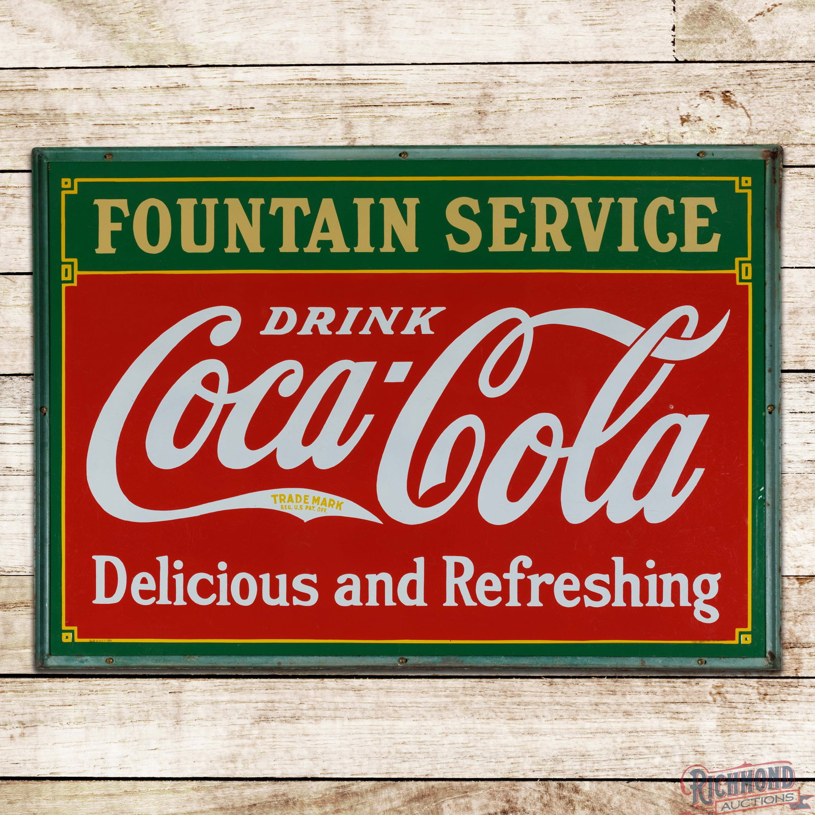 1934 Fountain Service Drink Coca Cola Delicious Refreshing 5' Double Sided Porcelain Sign w/ Frame (1 of 3)