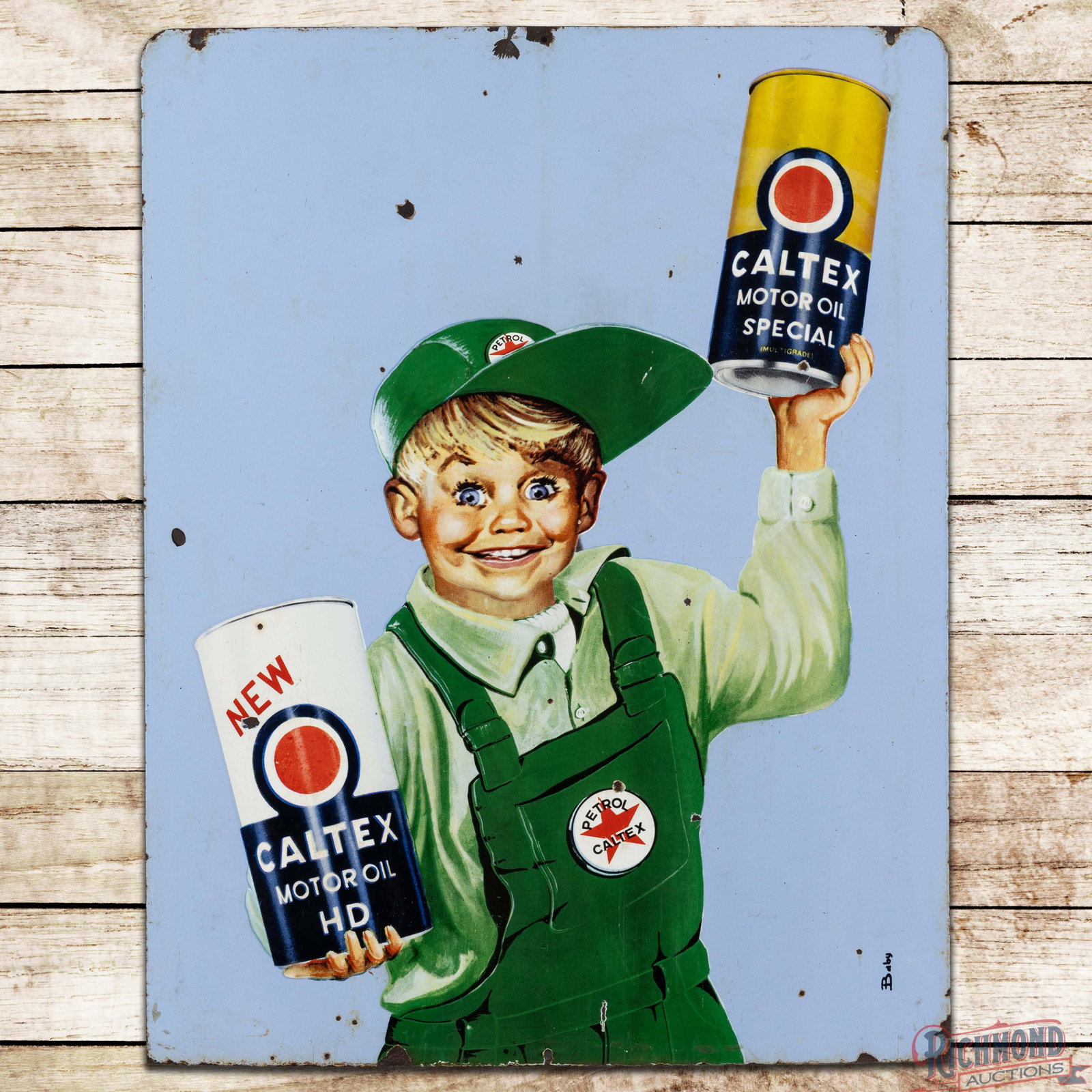 Caltex Motor Oil Double Sided Porcelain Sign w/ Boy & Quart Cans: DSP (double sided porcelain) sign has very good color and gloss. The sign has wonderful graphics of a boy holding Caltex motor oil cans. The display field has small chips with light wear and areas of 