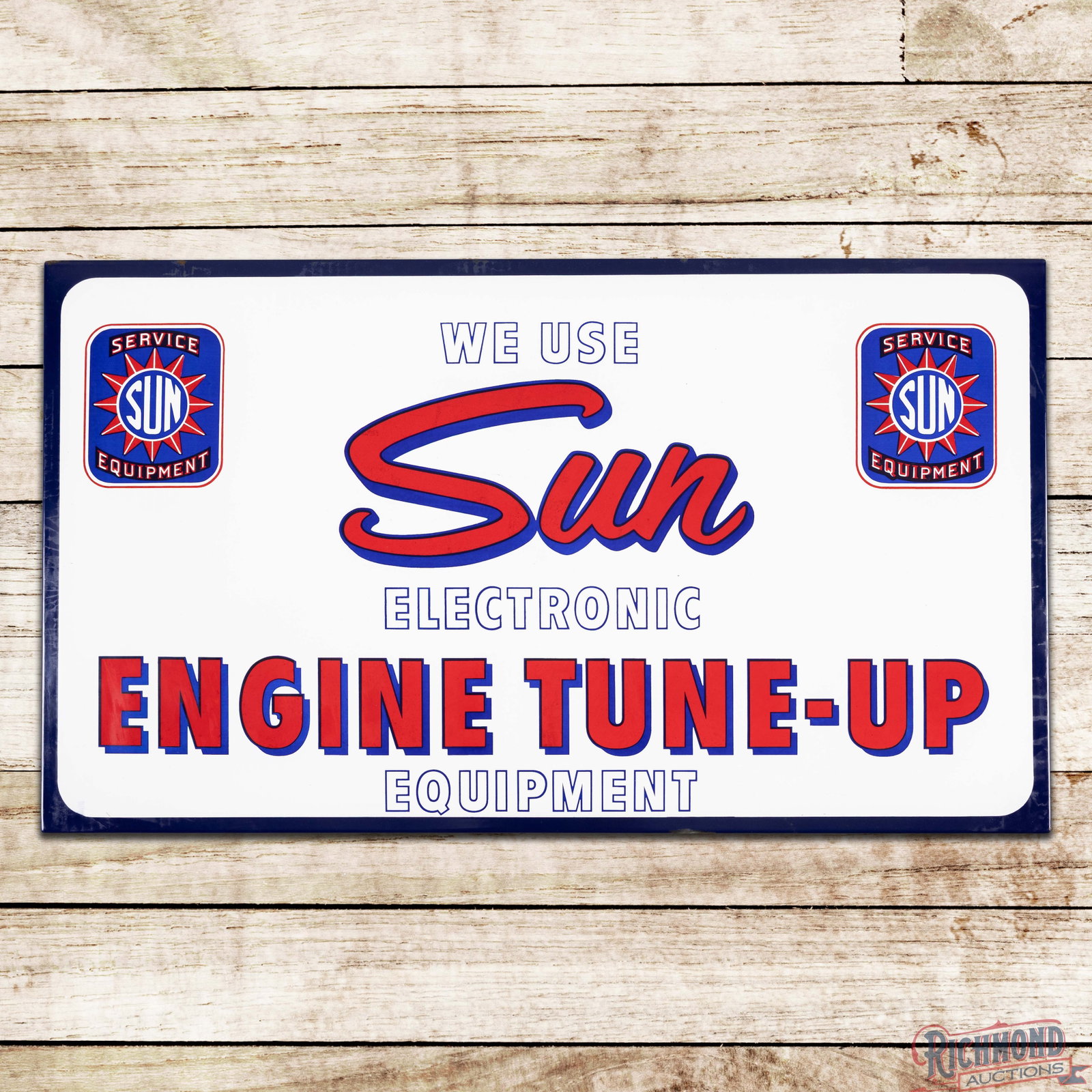 Rare We Use Sun Electronic Ignition Tune-Up Service Equipment 42" Single Sided Porcelain Sign: SSP (single sided porcelain) rolled edge sign has excellent color and gloss. The field has light surface wear with faint cloudiness to the red lettering in "Engine Tune-Up". The perimeter has small ch