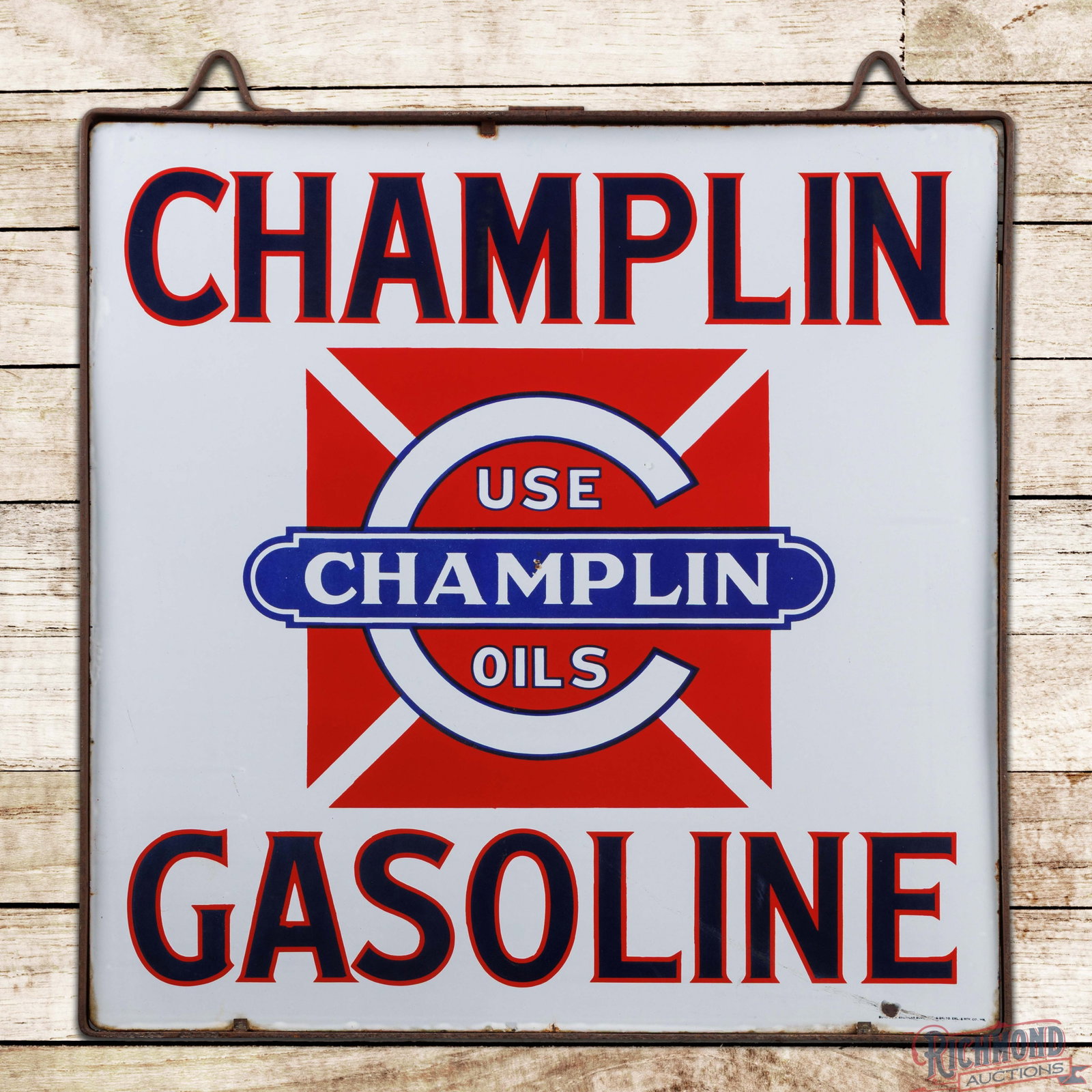 Champlain Gasoline "Use Champlain Oils" 36" Double Sided Porcelain Logo Sign w/ Ring: DSP (double sided porcelain) sign with the factory ring with eyelets has outstanding color and gloss. Side #1 has a clean field with light wear and minor chips along the edges. The reverse has a few t