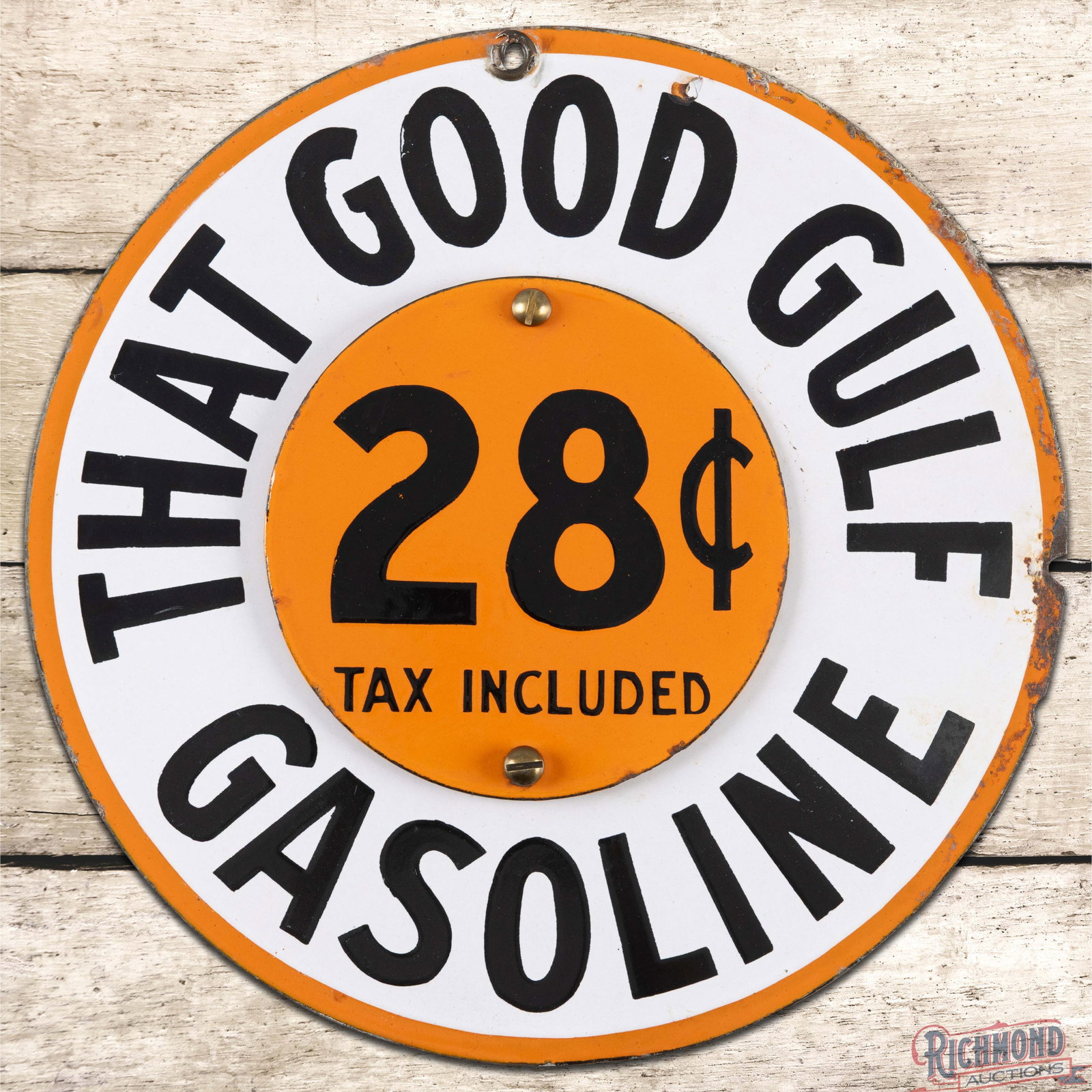 That Good Gulf Gasoline 28 Cents 12" Single Sided Porcelain Pump Plate Pricer Sign (1 of 3)
