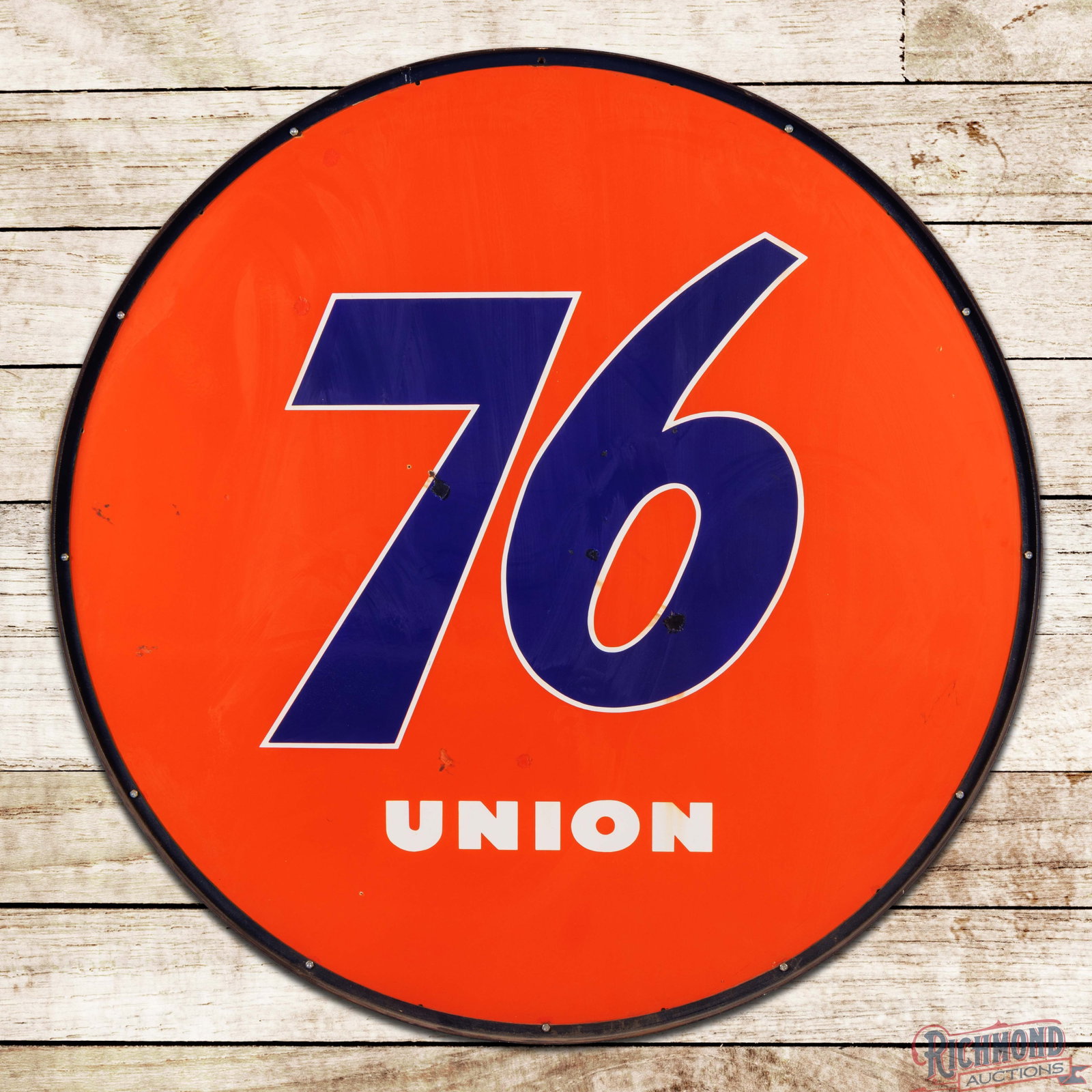 Union 76 Gasoline 5' Double Sided Porcelain ID Sign w/ Ring: DSP (double sided porcelain) sign has excellent color and gloss. Side #1 has light wear with color matched chips in the fields, minor discoloration and marks in the outer fields. The reverse is in a s