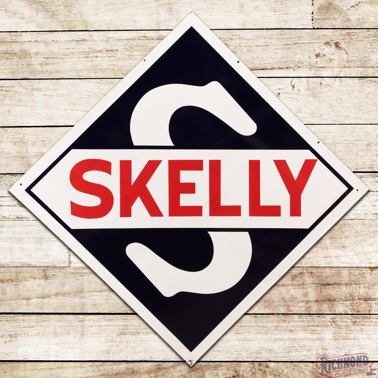 Skelly Gasoline 5.5' Double Sided Porcelain Die Cut Service Station Sign: DSP (double sided porcelain) sign has excellent color and gloss. Side #1 is exceptionally clean with a few minor surface imperfections in the fields. The perimeter has tiny added non-factory holes, mi
