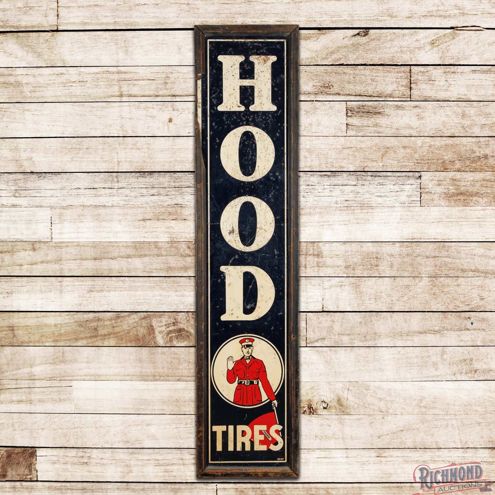 Hood Tires 6.5' Single Sided Tin Sign w/ Wooden Frame & Flag Man: SST (single sided tin) sign with the factory wooden frame has good color and shine. The fields and perimeter have general age-related wear throughout with oxidation, scratches, bends and areas of pain