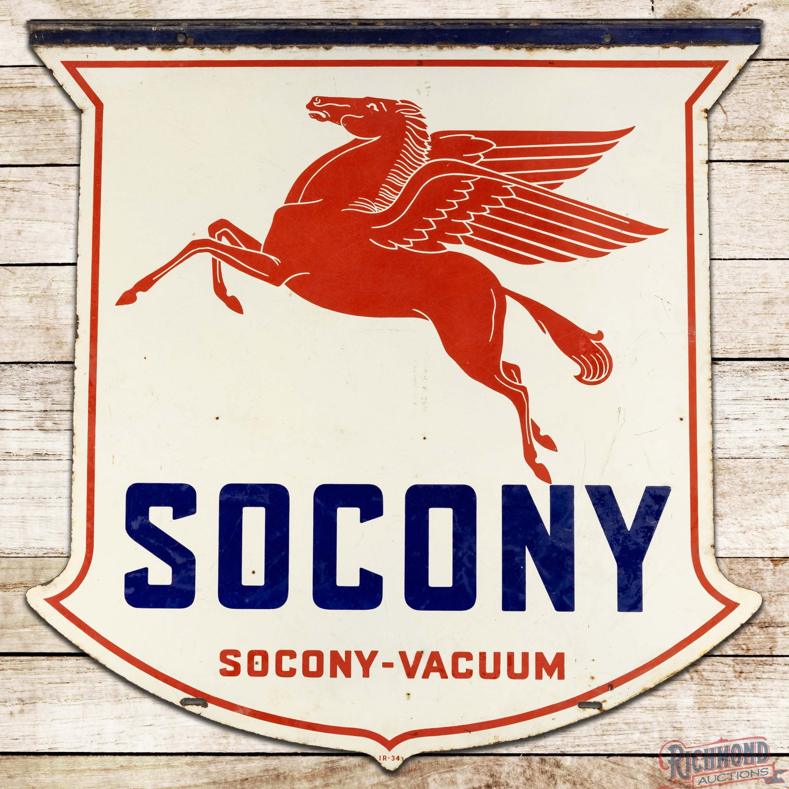 1934 Socony Vacuum 48" Double Sided Porcelain Sign w/ Pegasus: DSP (double sided porcelain) sign has good color and moderate gloss. The display has light wear throughout with tiny chips, marks, fine scratches and areas of cloudiness. The perimeter has chipping wi