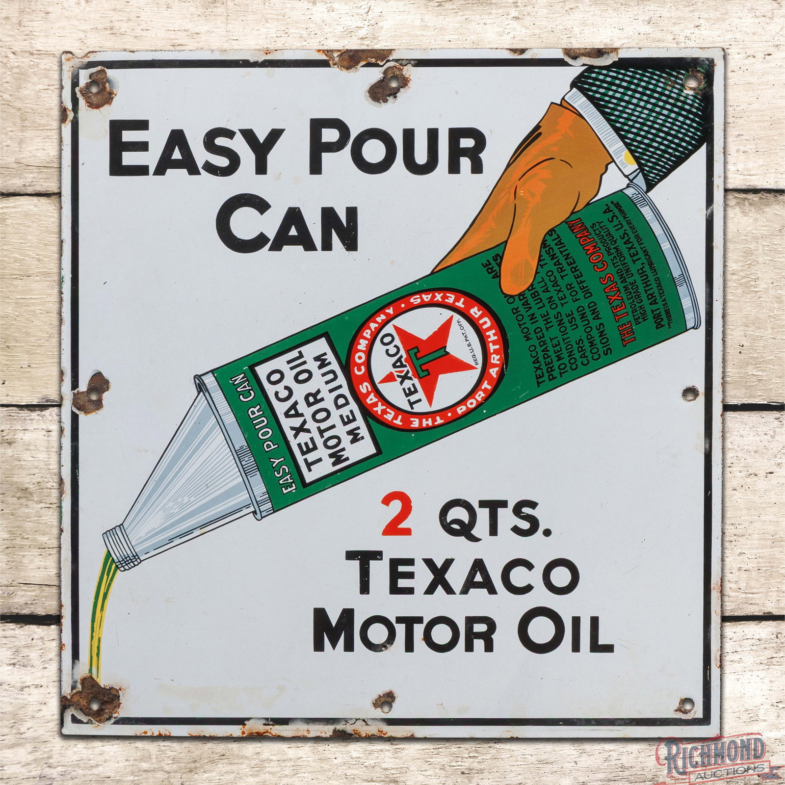 Texaco Easy Pour Motor Oil Single Sided Porcelain Sign w/ Can & Hand Graphics: SSP (single sided porcelain) sign has very good color and gloss. The sign features the iconic Texaco Easy Pour can with attendant hand. The field has light wear to the bottle with discoloration and we