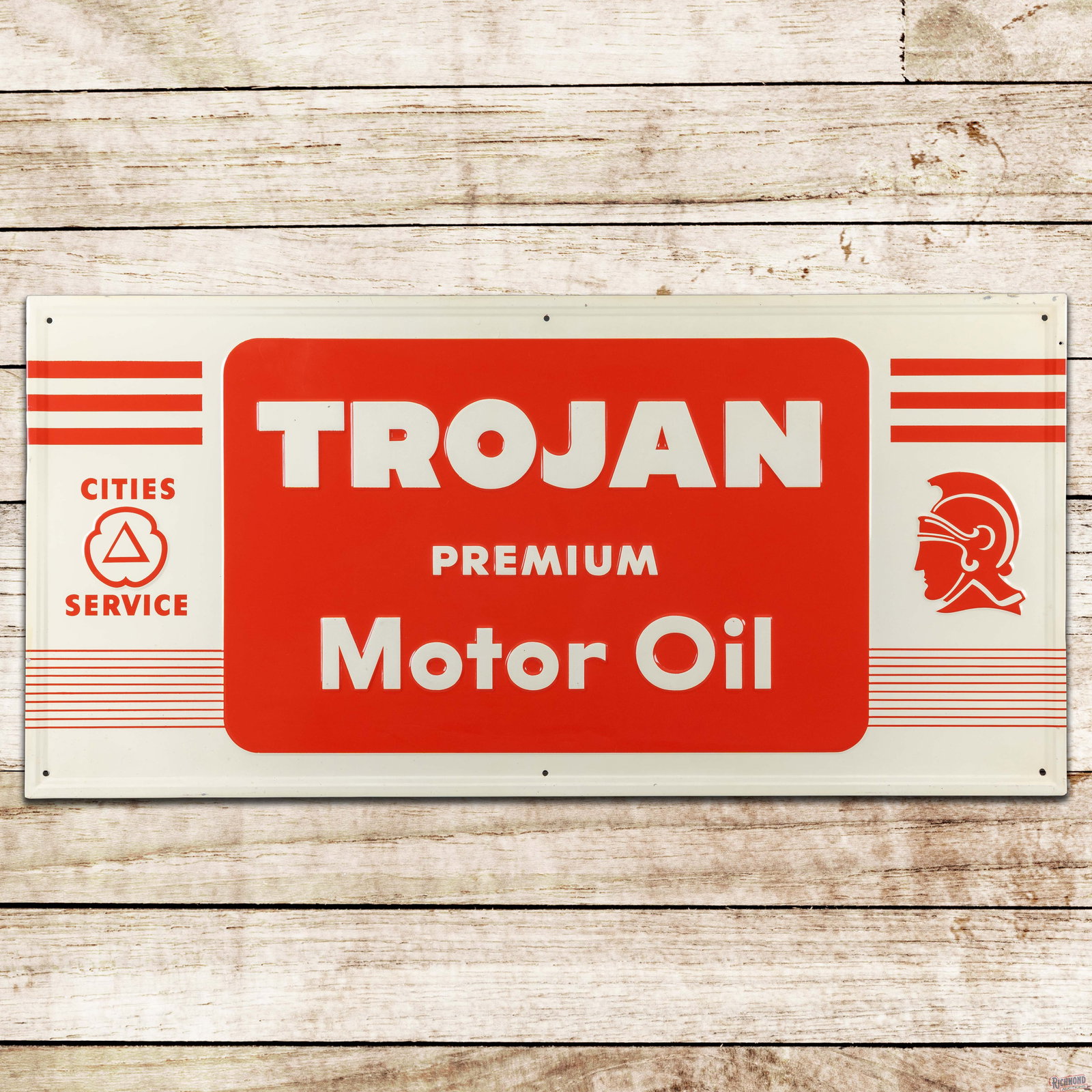 1948 Cities Service Trojan Motor Oils 5' Emb. Single Sided Tin Sign w/ Logos: SST (single sided tin) embossed self-framed sign with the factory wooden support frame has excellent color and shine. The fields have light wear with tiny imperfections in the embossed lettering. The 