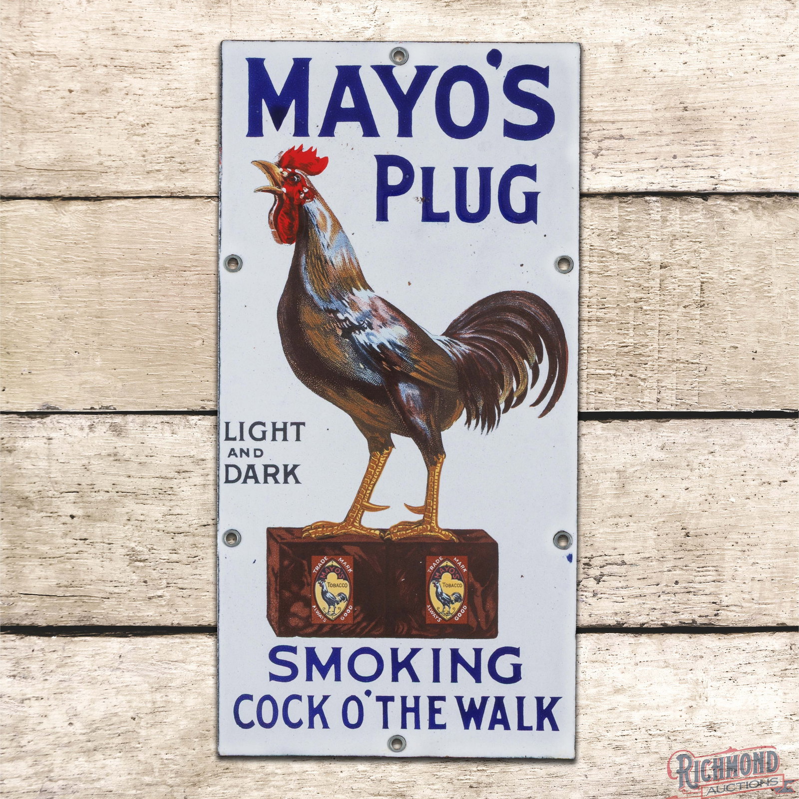 Mayo's Plug "Light and Dark" Smoking Cock O' The Walk Single Sided Porcelain Sign w/ Rooster (1 of 3)