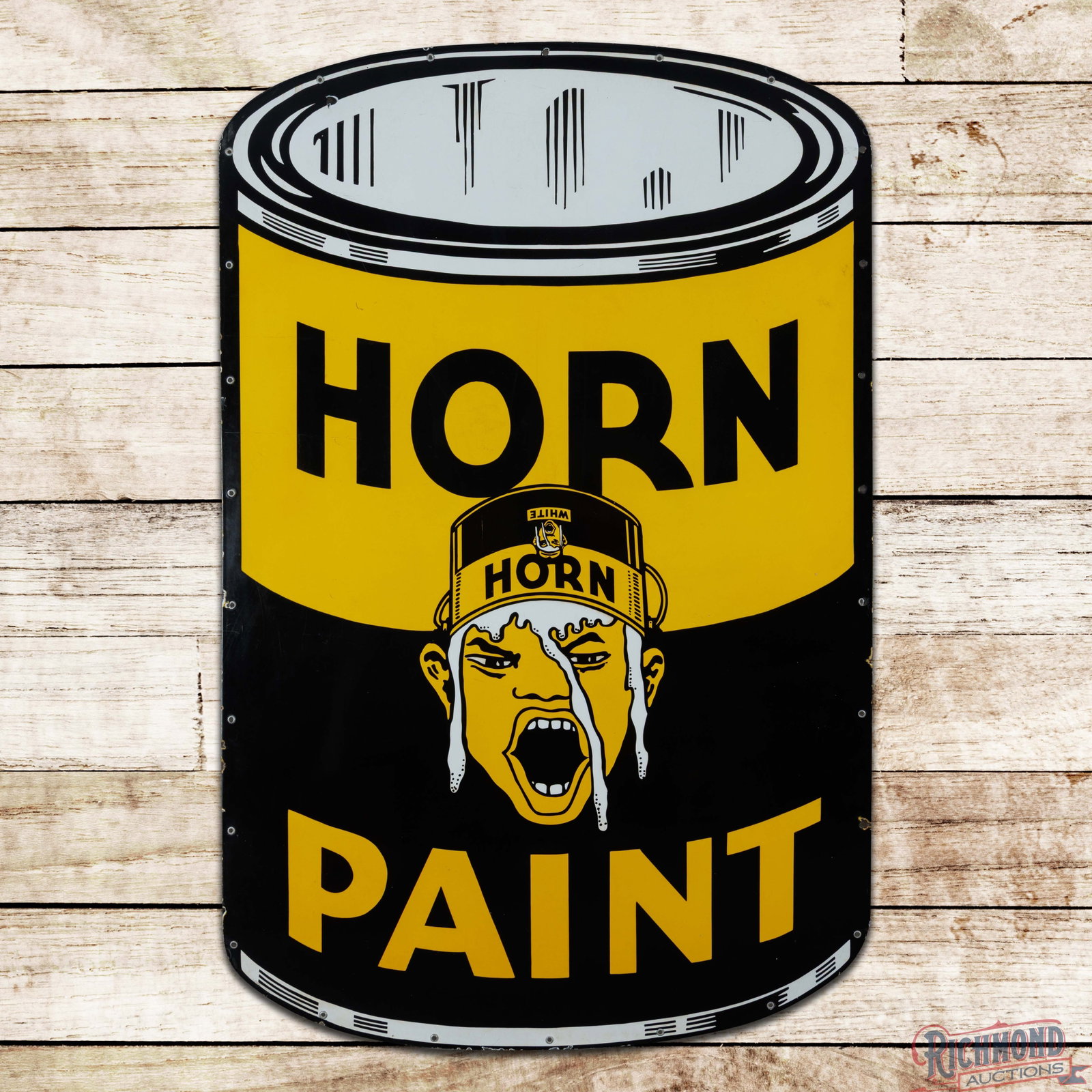 Horn Paint 6' Single Sided Porcelain Die Cut Sign w/ Logo: SSP (single sided porcelain) sign has excellent color and gloss. The field is very clean overall with light wear and minor fine scratches. The perimeter has chips with areas of minor discoloration. Ov