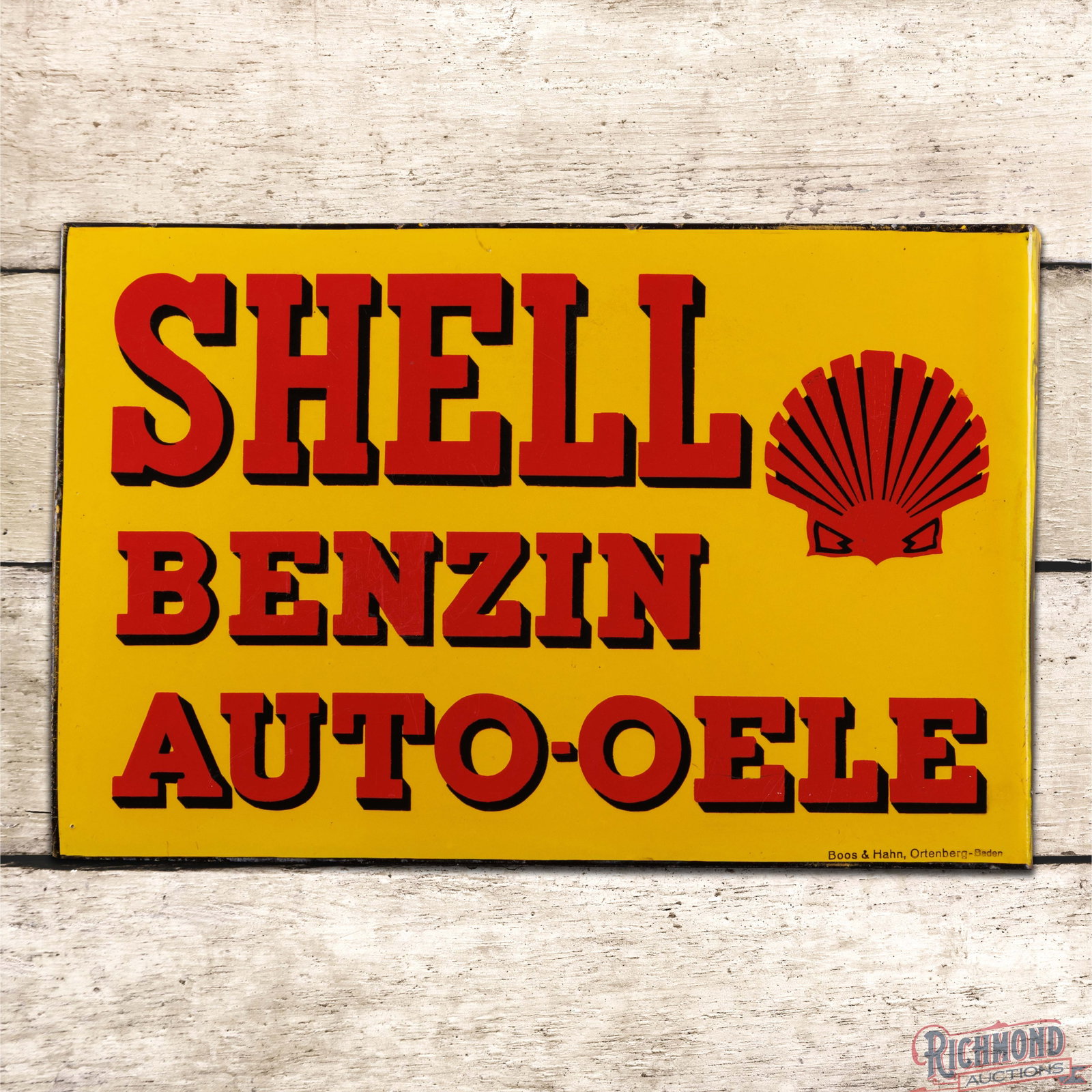 Rare Shell Benzin Auto Oil Oele Double Sided Porcelain Flange Sign w/ Logo (1 of 4)