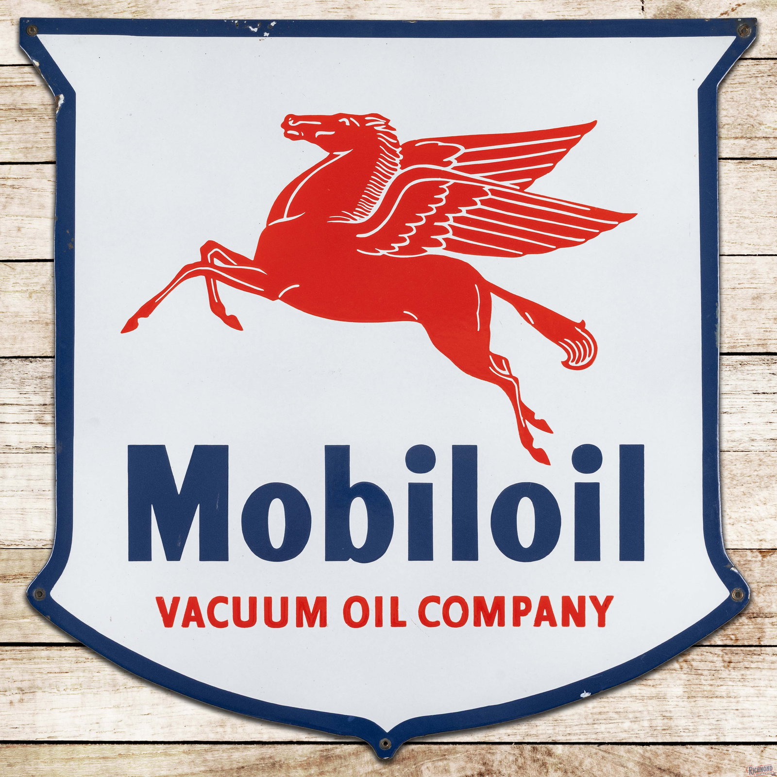 Mobiloil Vacuum Oil Company 27" Single Sided Porcelain Sign w/ Pegasus: SSP (single sided porcelain) die cut sign has outstanding color and gloss. The fields are clean with a few minor surface imperfections. The perimeter has small chips with minor factory blemishes. All 