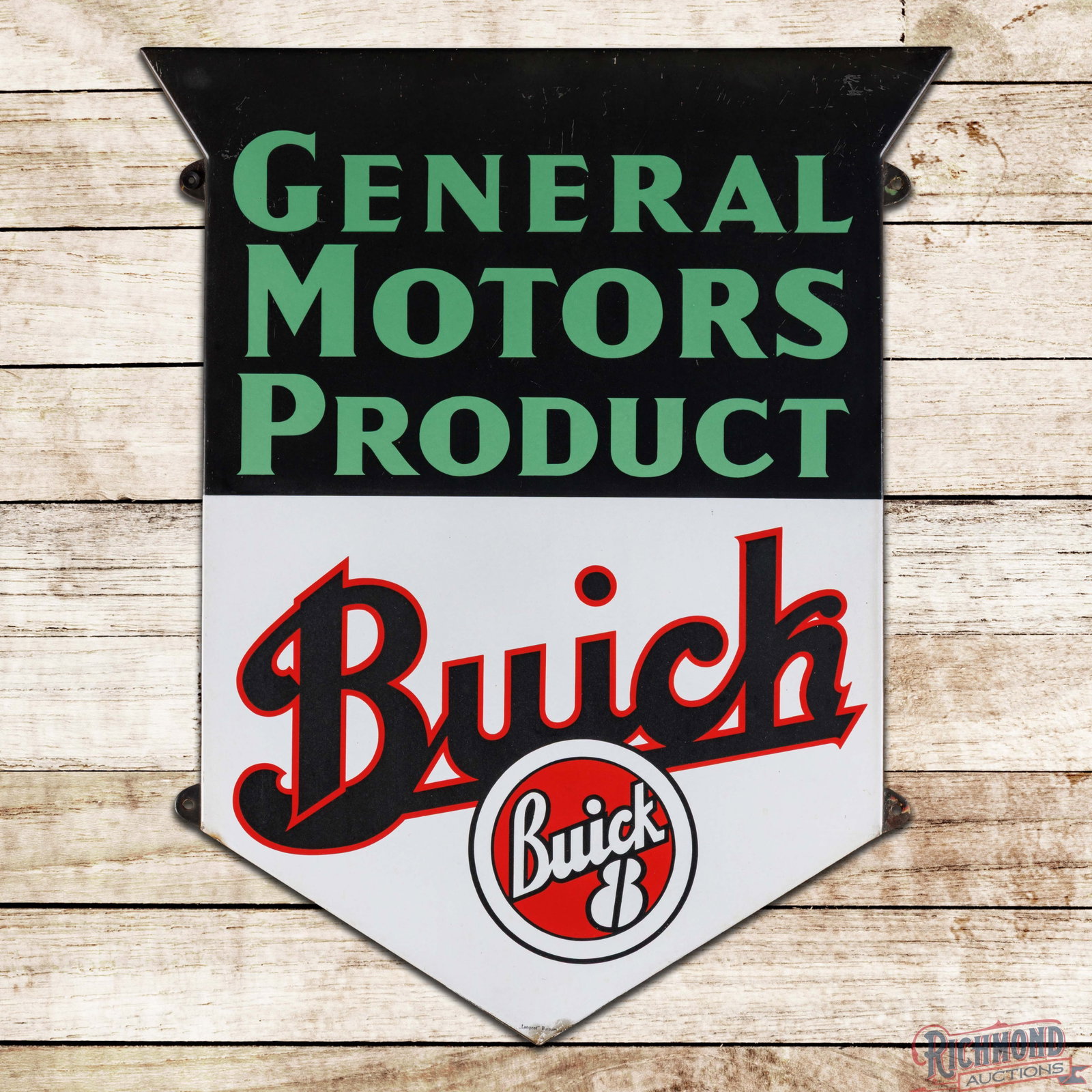 General Motors Product Buick 8 Die Cut Single Sided Porcelain Sign w/ Logo: SSP (single sided porcelain) die-cut rolled-edge sign has very good color and gloss. The display is very clean overall, with tiny fine scratches in the upper fields. The perimeter has small chips at t