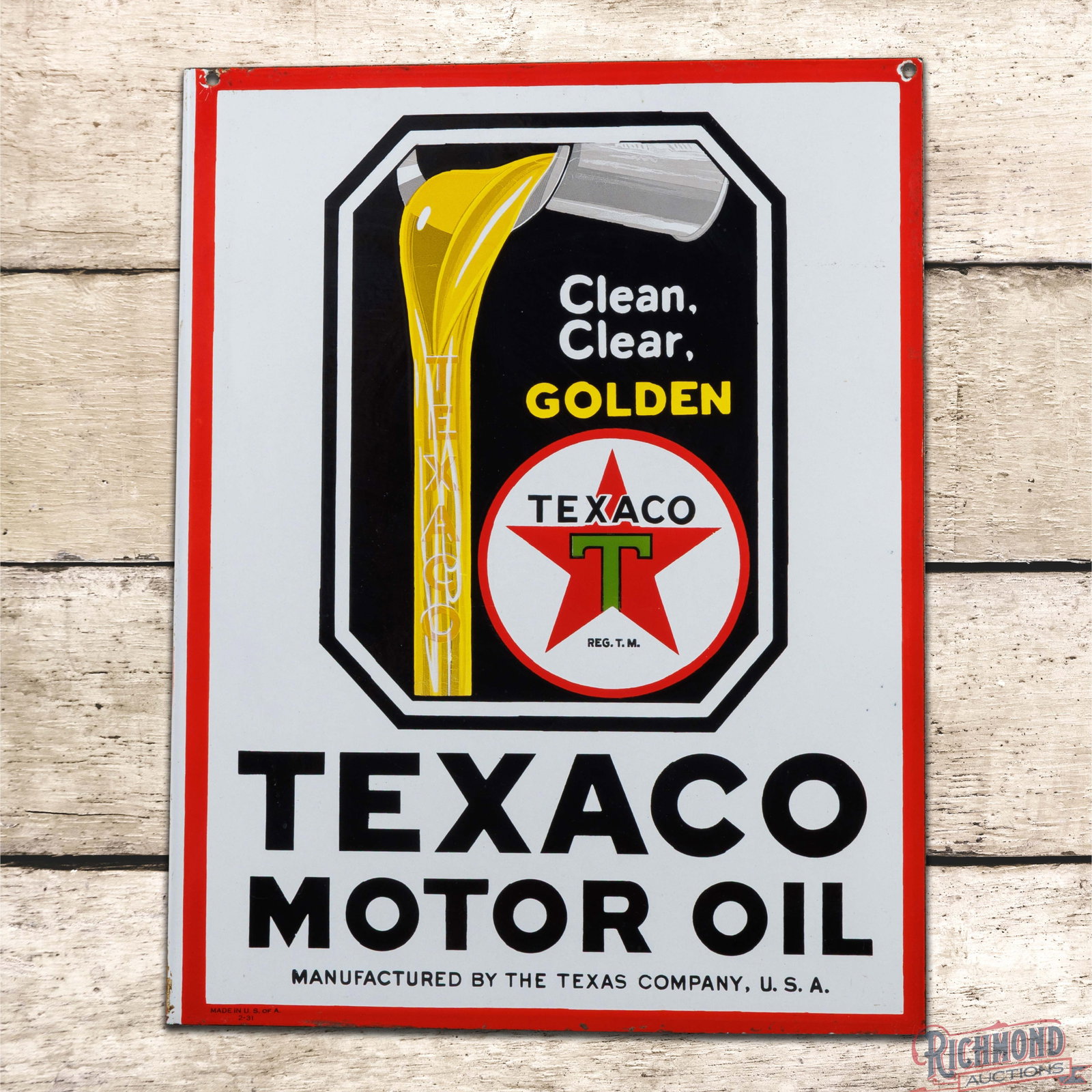 1931 Texaco Motor Oil Clean Clear Golden Double Sided Porcelain Flange Sign (1 of 4)