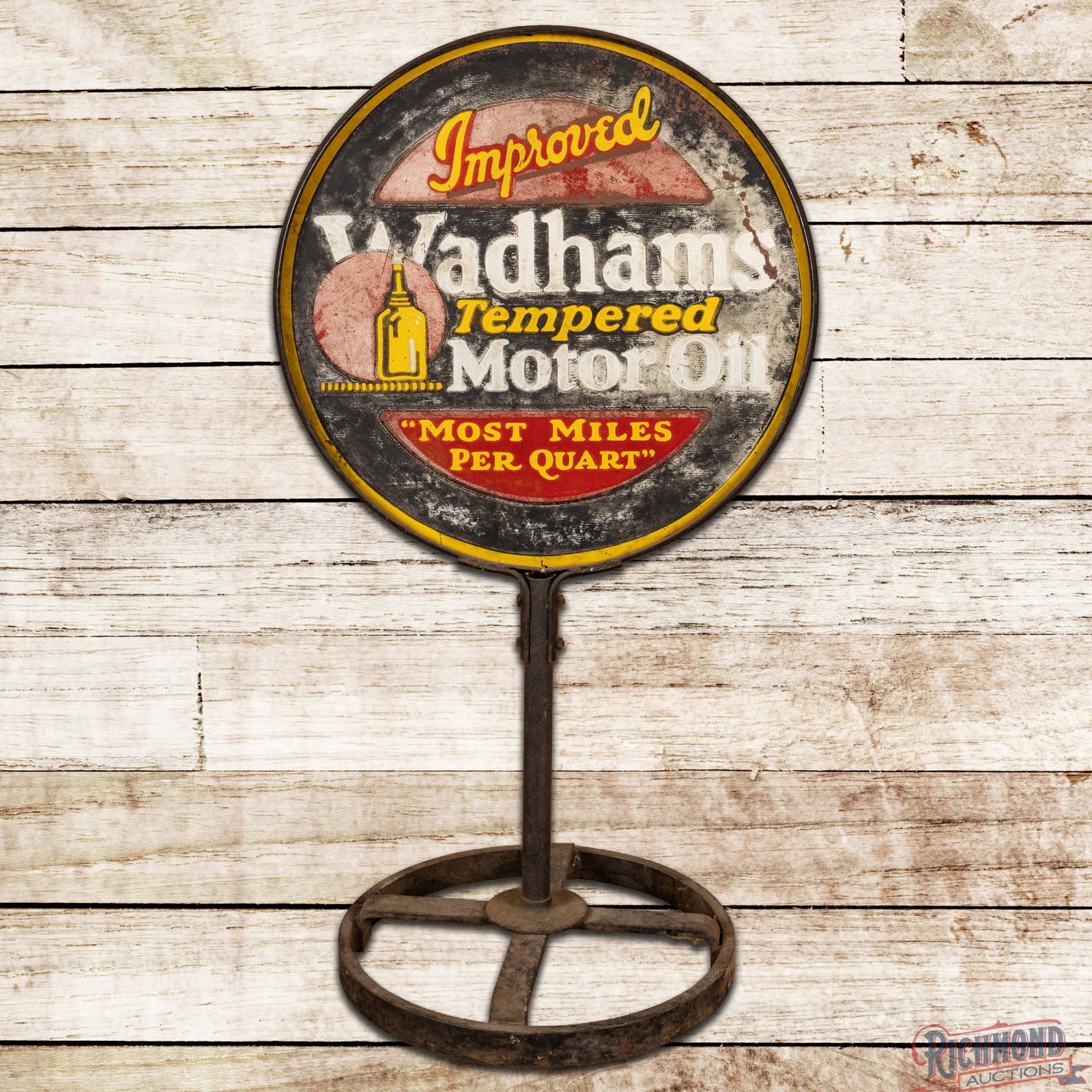 Wadham's Tempered Motor Oil "Most Miles Per Quart" 30" Double Sided Tin Curb Sign (1 of 3)